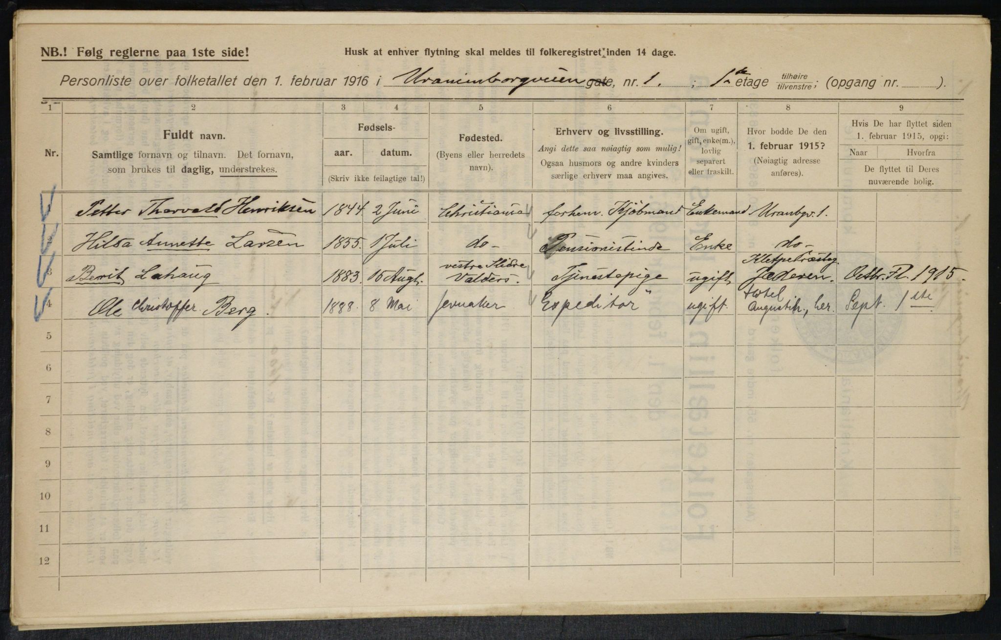 OBA, Kommunal folketelling 1.2.1916 for Kristiania, 1916, s. 124081