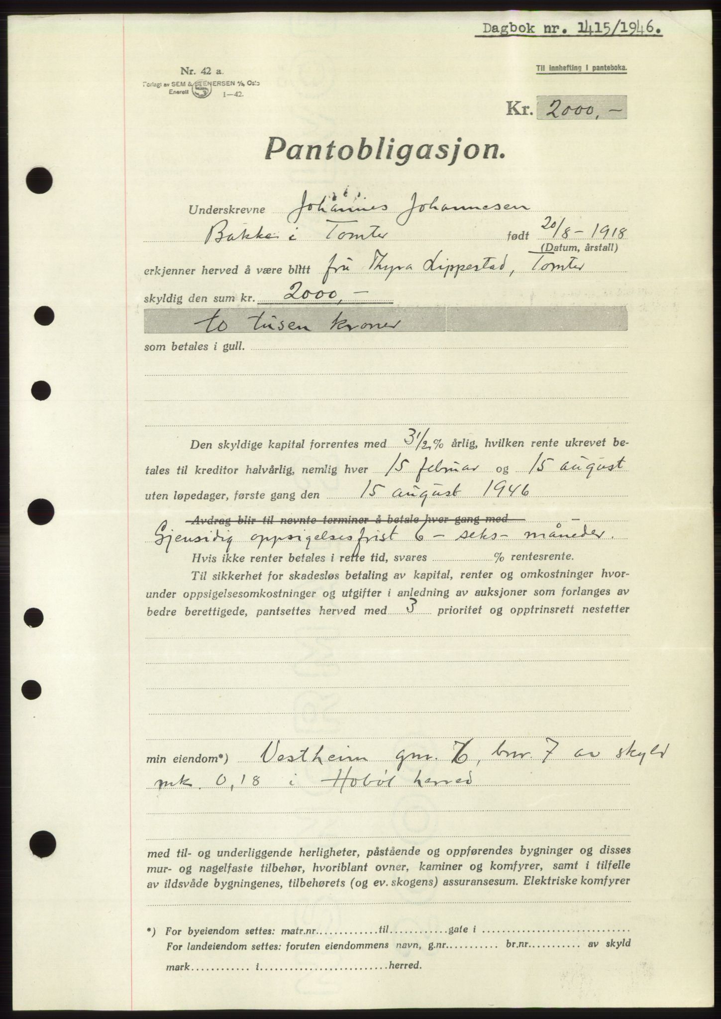 Moss sorenskriveri, SAO/A-10168: Pantebok nr. B15, 1946-1946, Dagboknr: 1415/1946