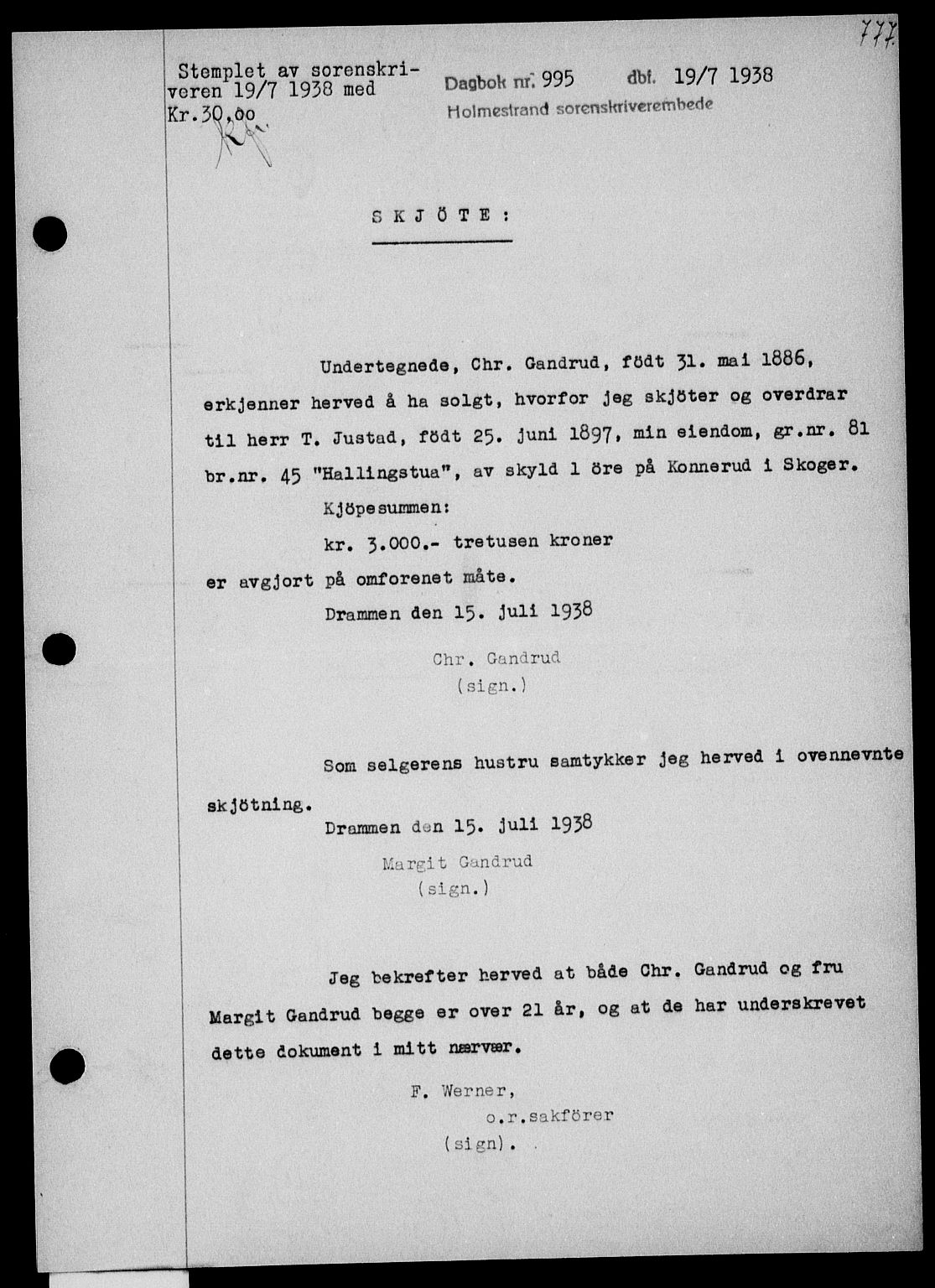 Holmestrand sorenskriveri, SAKO/A-67/G/Ga/Gaa/L0049: Pantebok nr. A-49, 1937-1938, Dagboknr: 995/1938