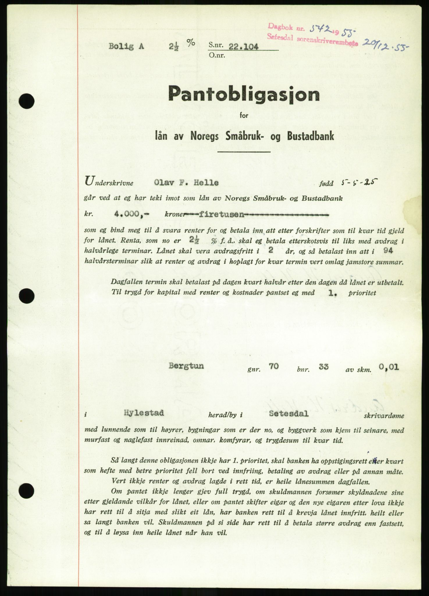 Setesdal sorenskriveri, SAK/1221-0011/G/Gb/L0052: Pantebok nr. B 40, 1954-1955, Dagboknr: 542/1955