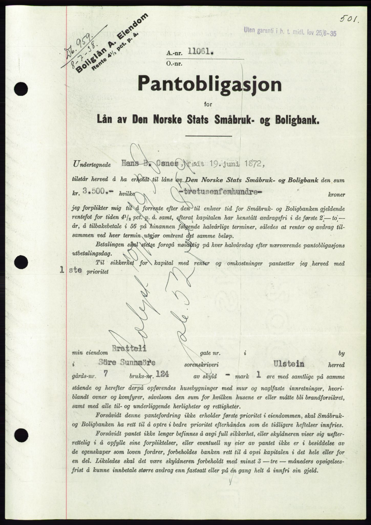 Søre Sunnmøre sorenskriveri, AV/SAT-A-4122/1/2/2C/L0065: Pantebok nr. 59, 1938-1938, Dagboknr: 959/1938