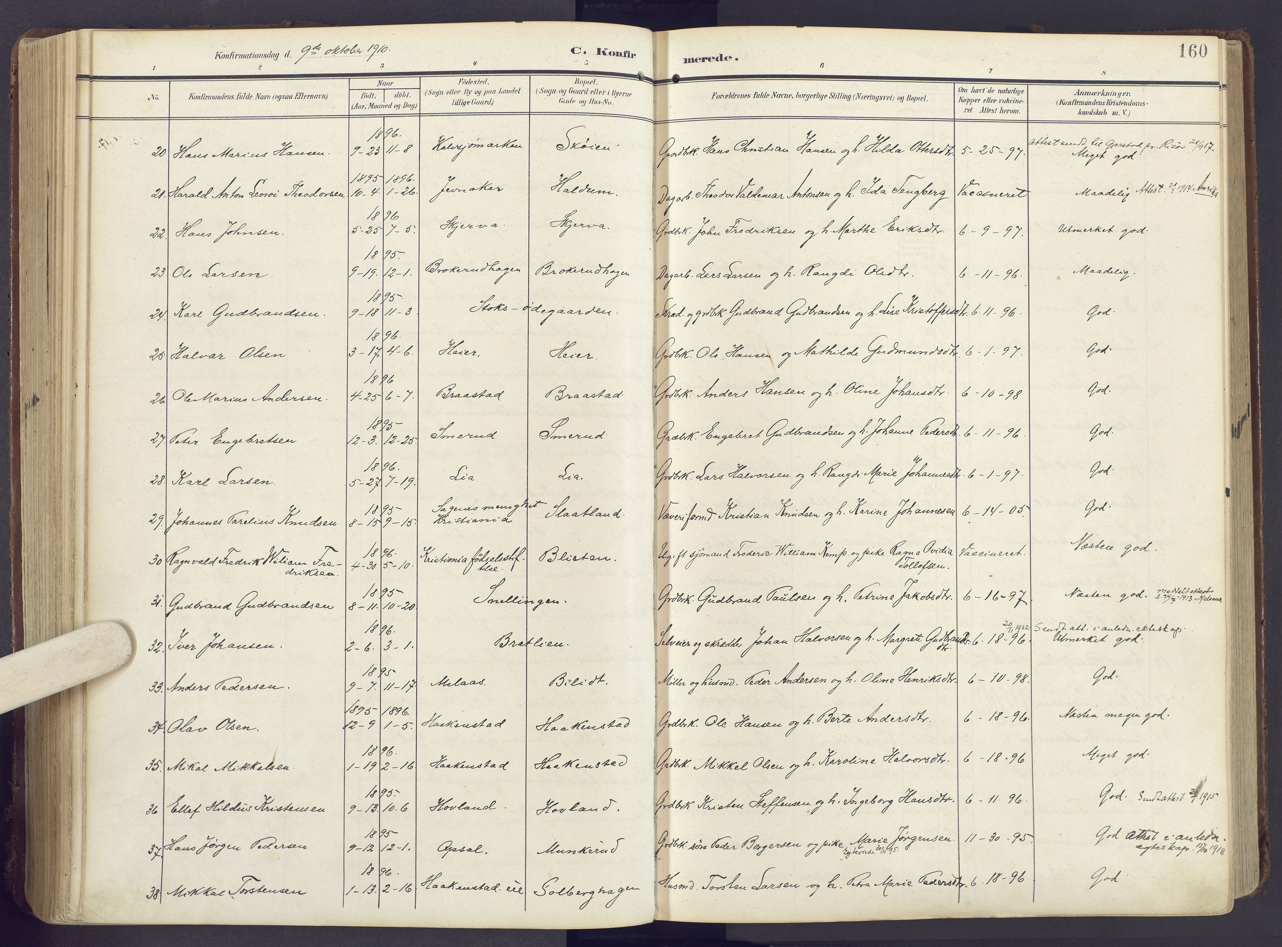 Lunner prestekontor, AV/SAH-PREST-118/H/Ha/Haa/L0001: Ministerialbok nr. 1, 1907-1922, s. 160