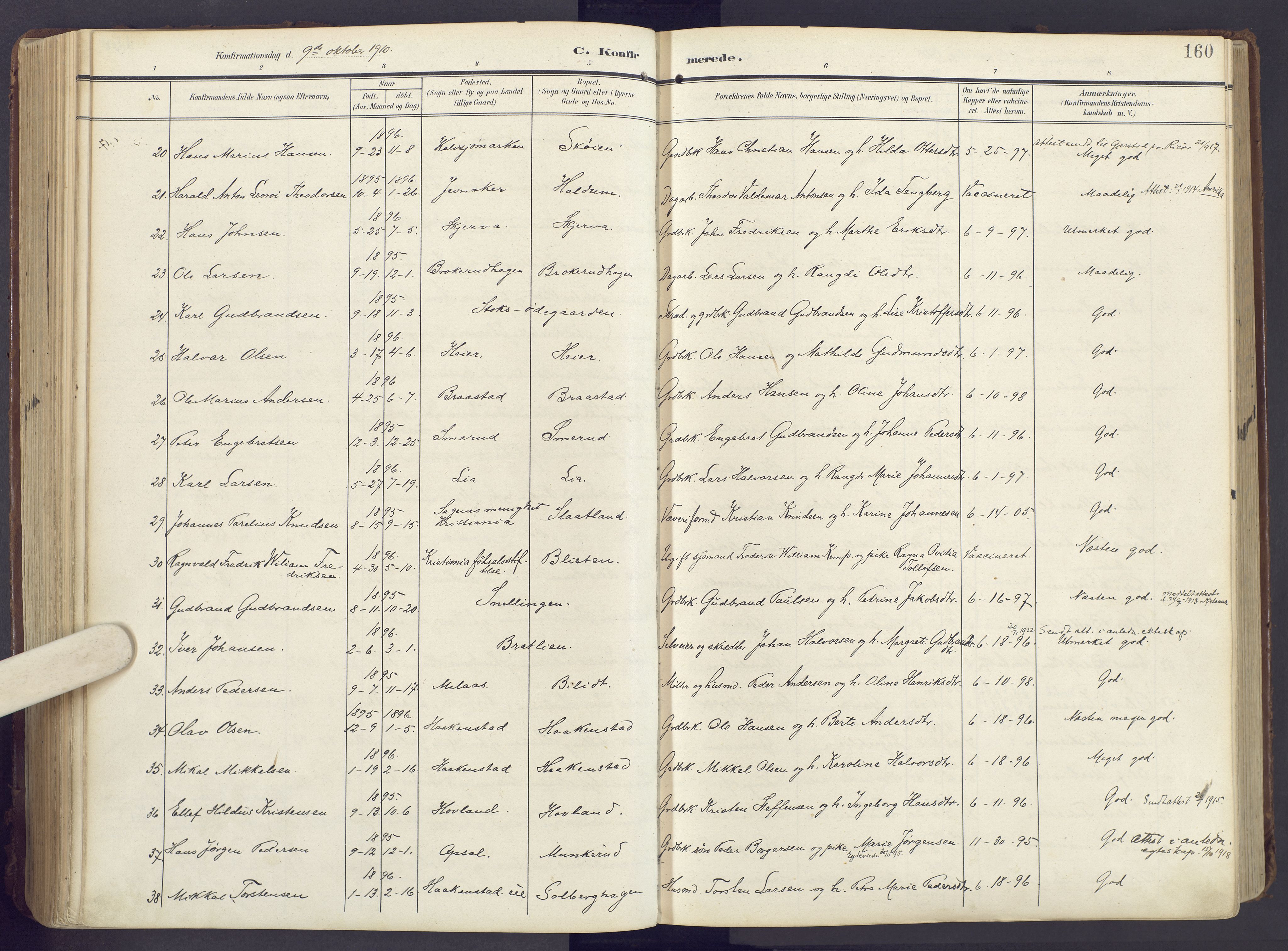 Lunner prestekontor, SAH/PREST-118/H/Ha/Haa/L0001: Ministerialbok nr. 1, 1907-1922, s. 160