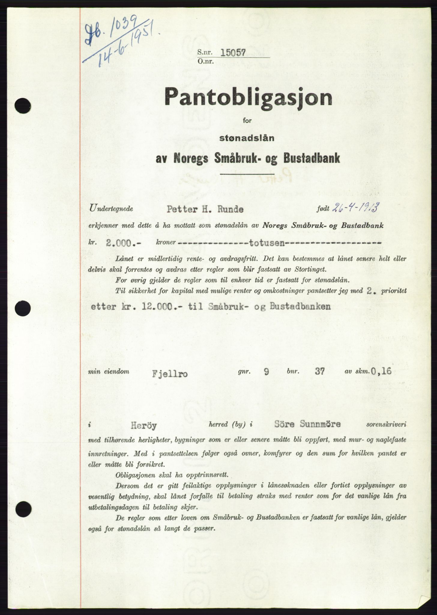 Søre Sunnmøre sorenskriveri, SAT/A-4122/1/2/2C/L0120: Pantebok nr. 8B, 1951-1951, Dagboknr: 1039/1951