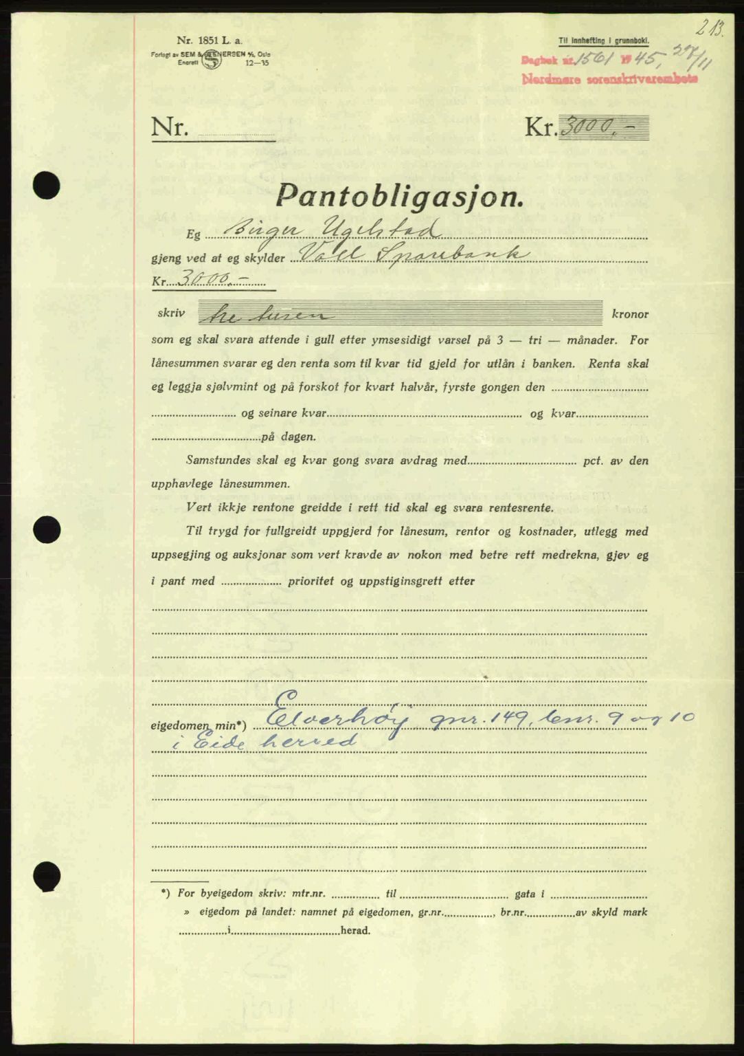 Nordmøre sorenskriveri, AV/SAT-A-4132/1/2/2Ca: Pantebok nr. B93a, 1945-1945, Dagboknr: 1561/1945