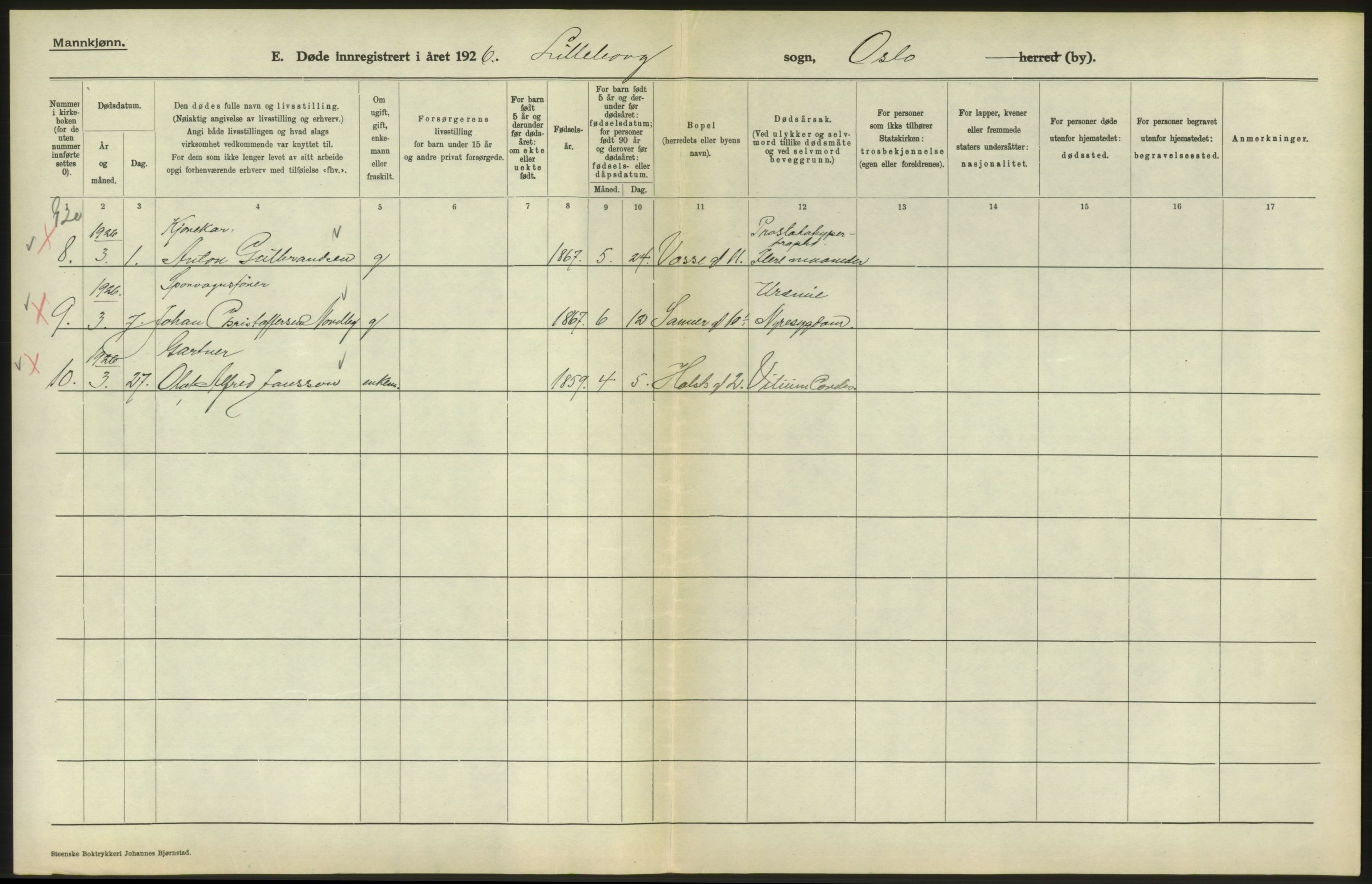 Statistisk sentralbyrå, Sosiodemografiske emner, Befolkning, AV/RA-S-2228/D/Df/Dfc/Dfcf/L0009: Oslo: Døde menn, 1926, s. 568