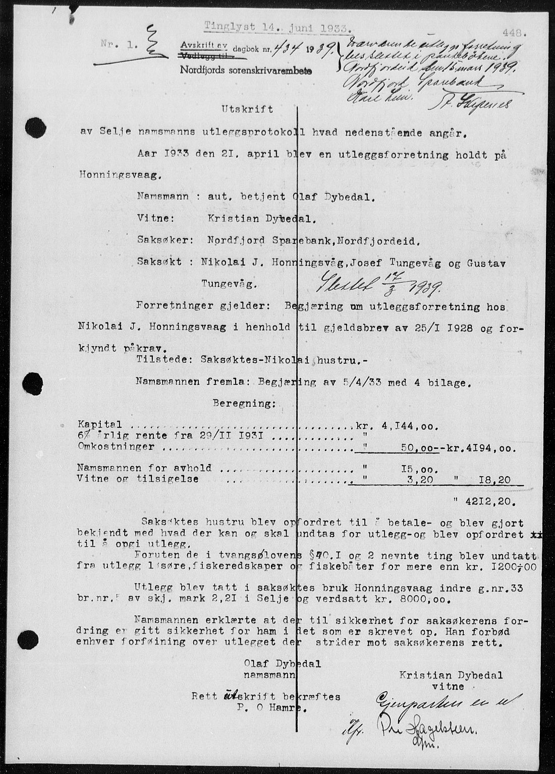 Nordfjord sorenskriveri, AV/SAB-A-2801/02/02b/02ba/L0076: Pantebok nr. II.B.a.76, 1932-1933, Tingl.dato: 14.06.1933