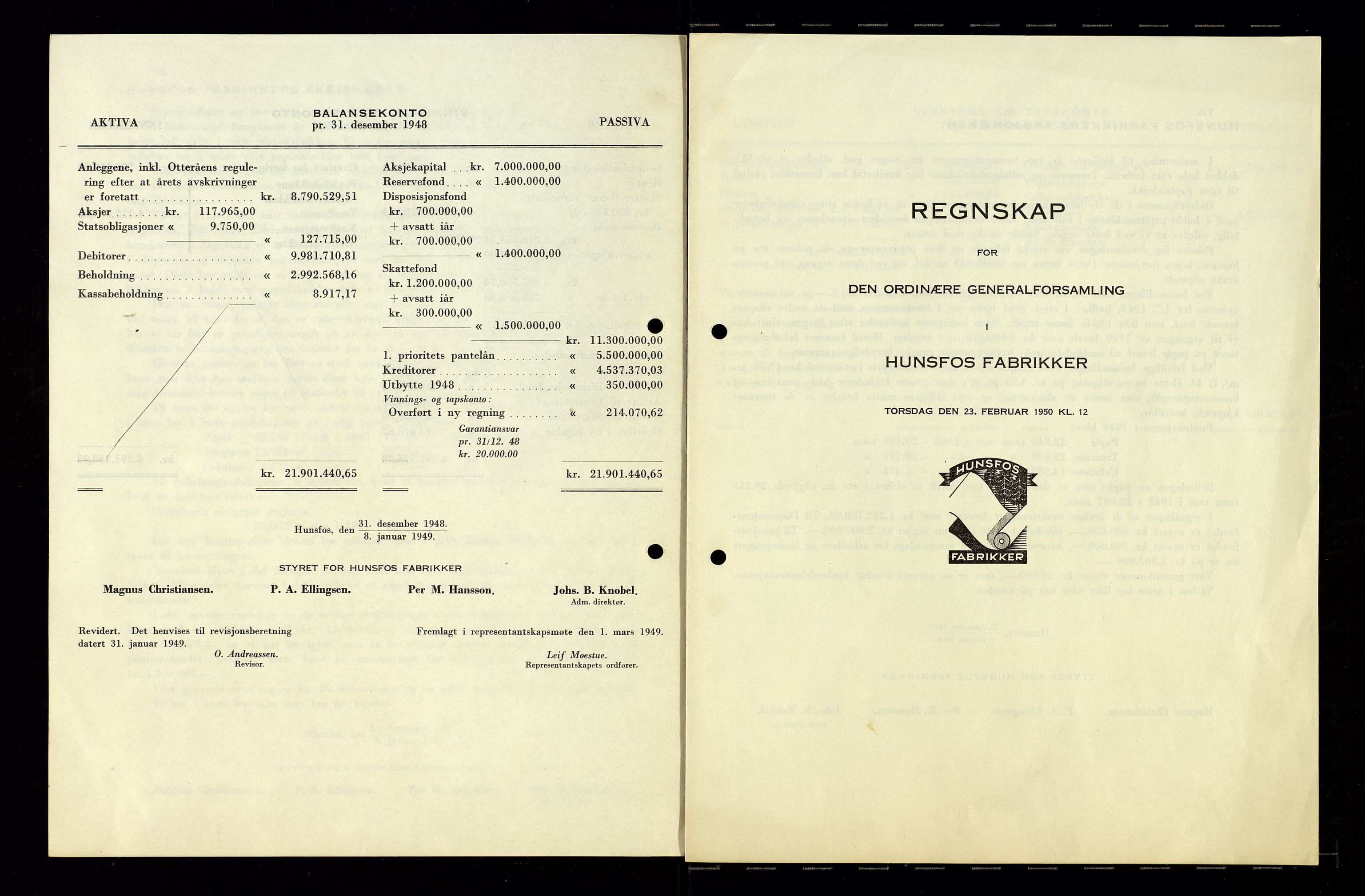 Hunsfos fabrikker, AV/SAK-D/1440/01/L0001/0003: Vedtekter, anmeldelser og årsberetninger / Årsberetninger og regnskap, 1918-1989, s. 103