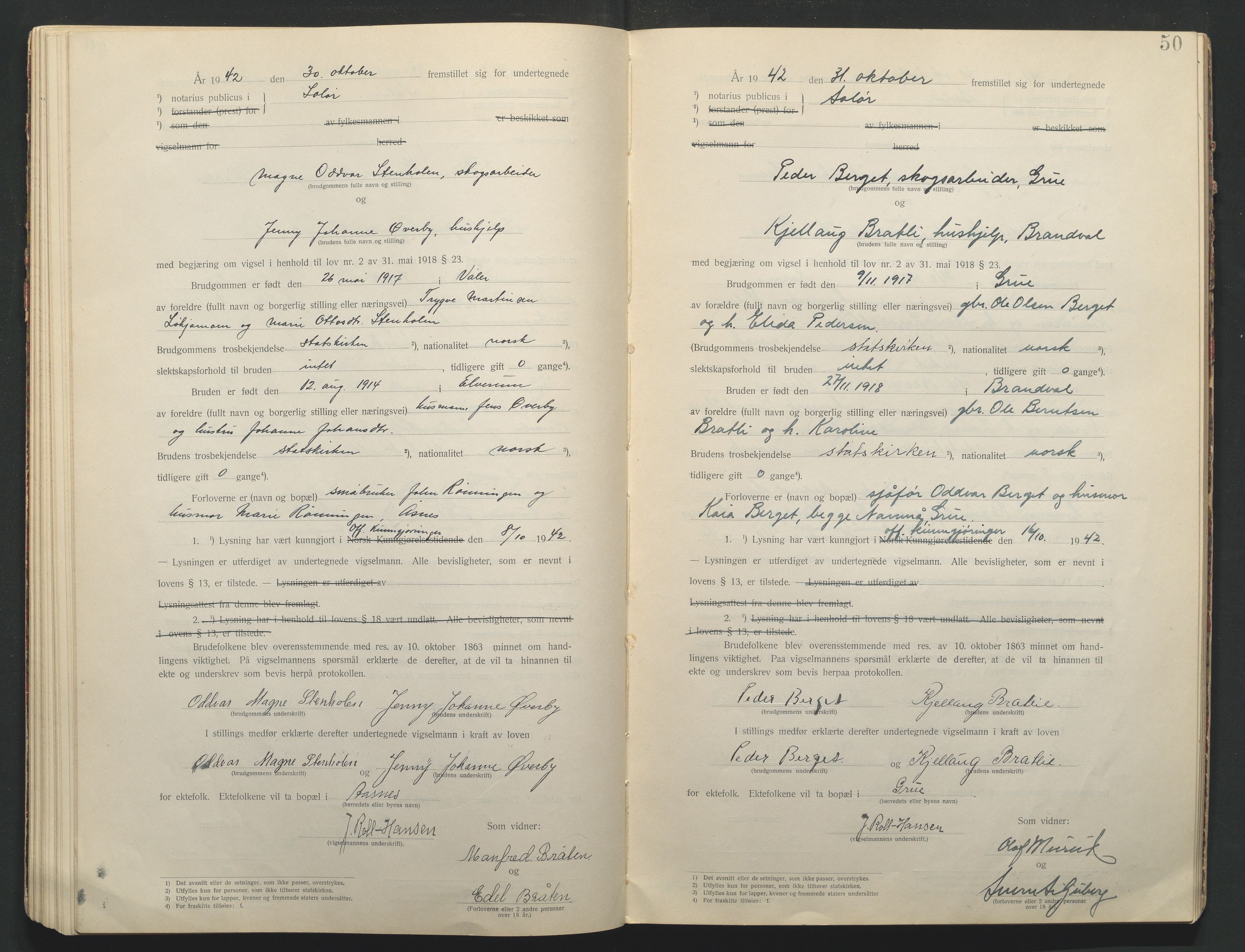 Solør tingrett, AV/SAH-TING-008/L/Lb/L0001: Vigselprotokoll, 1920-1943, s. 50