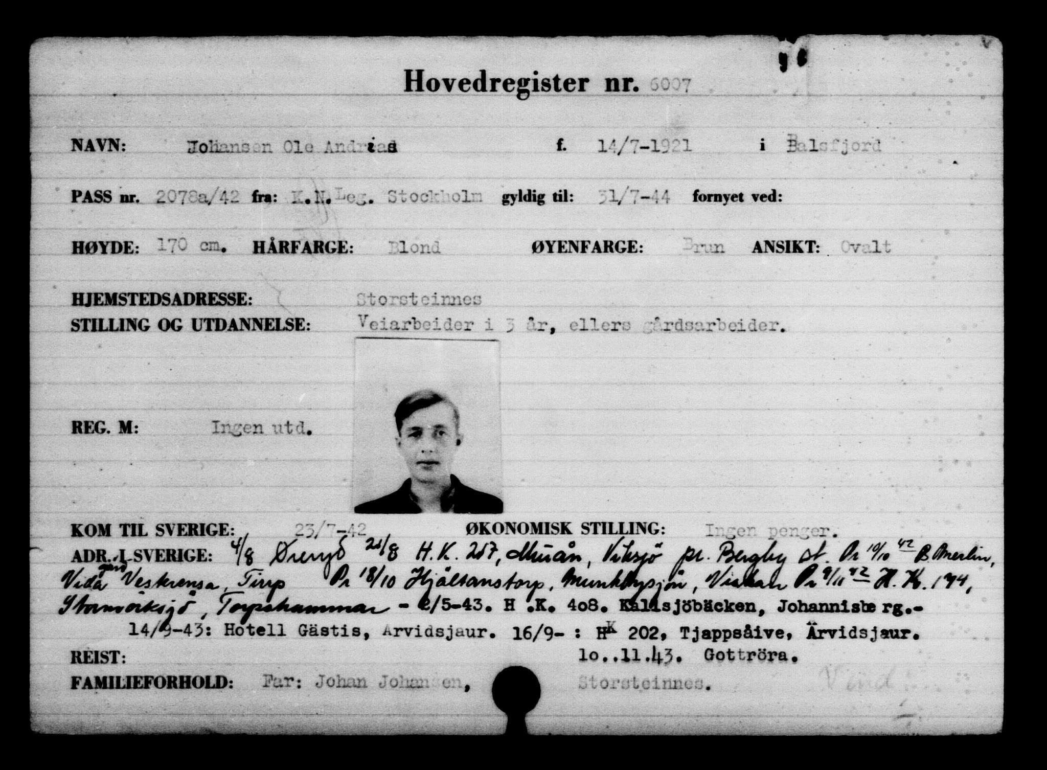 Utenriksstasjonene, Legasjonen i Stockholm, Flyktningkontoret, AV/RA-S-6753/V/Va/L0004: Kjesäterkartoteket, flyktninger med registreringsnr. 3496-6610, 1940-1945, s. 2936
