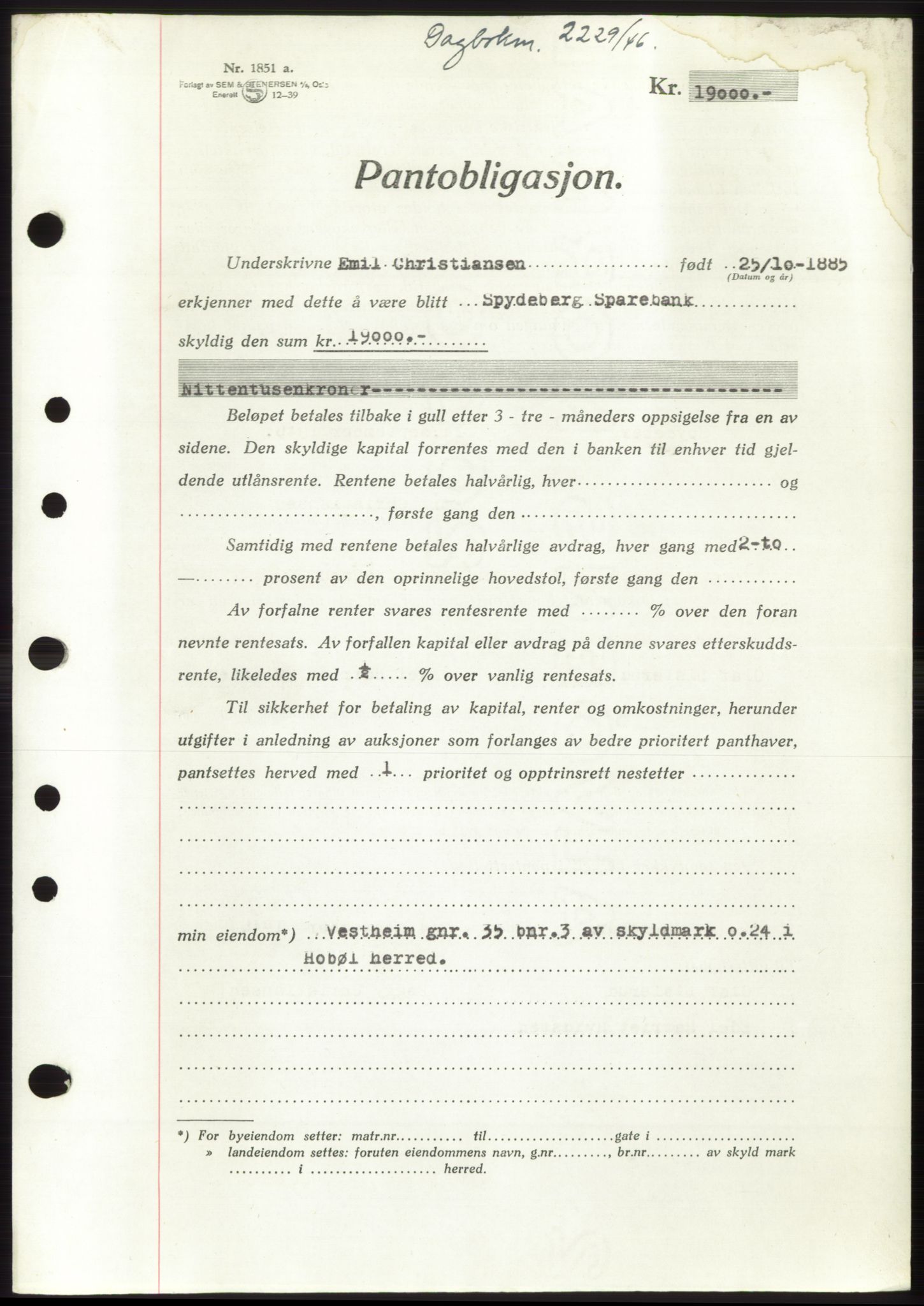 Moss sorenskriveri, SAO/A-10168: Pantebok nr. B15, 1946-1946, Dagboknr: 2229/1946