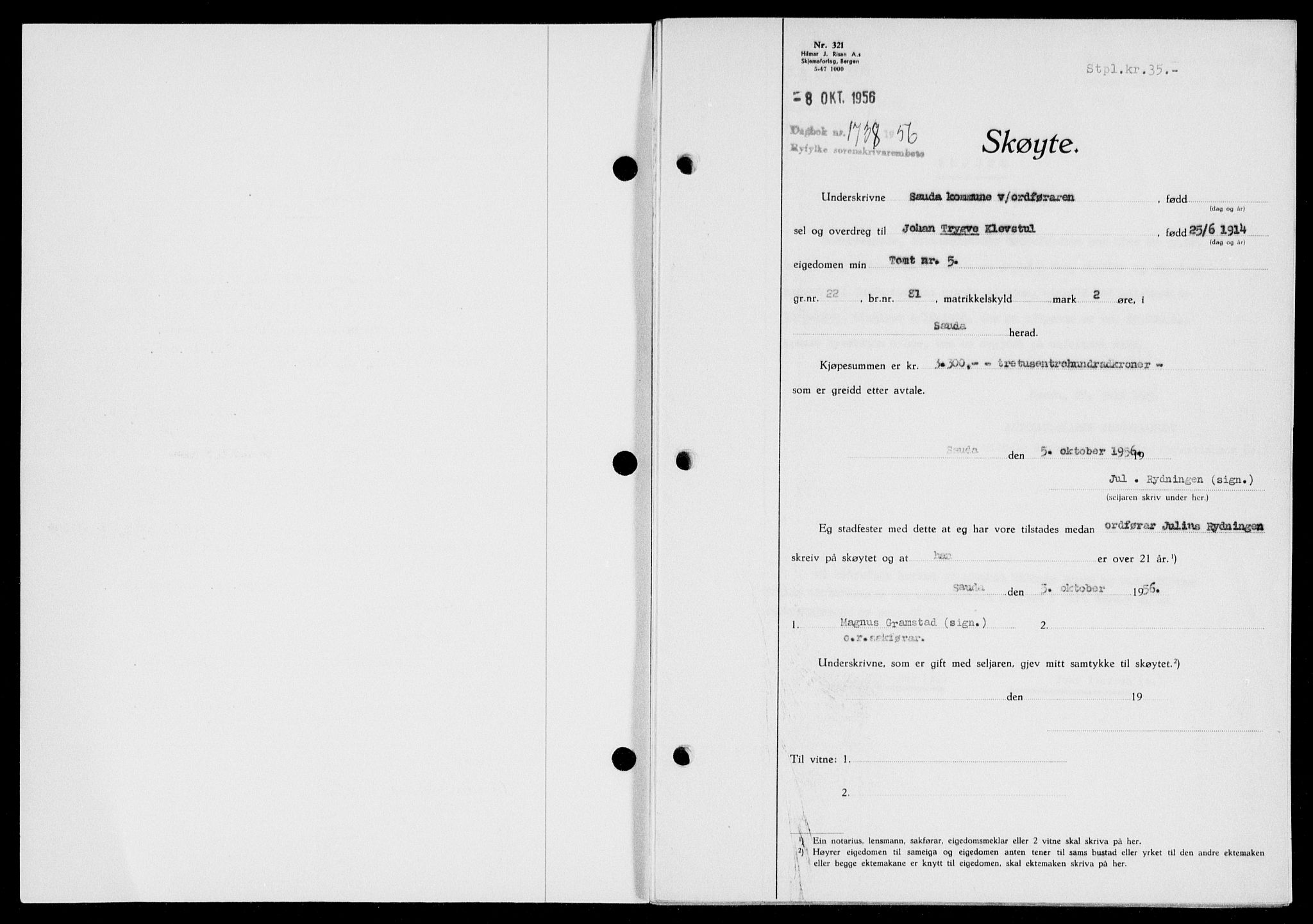 Ryfylke tingrett, SAST/A-100055/001/II/IIB/L0134: Pantebok nr. 113, 1956-1956, Dagboknr: 1738/1956