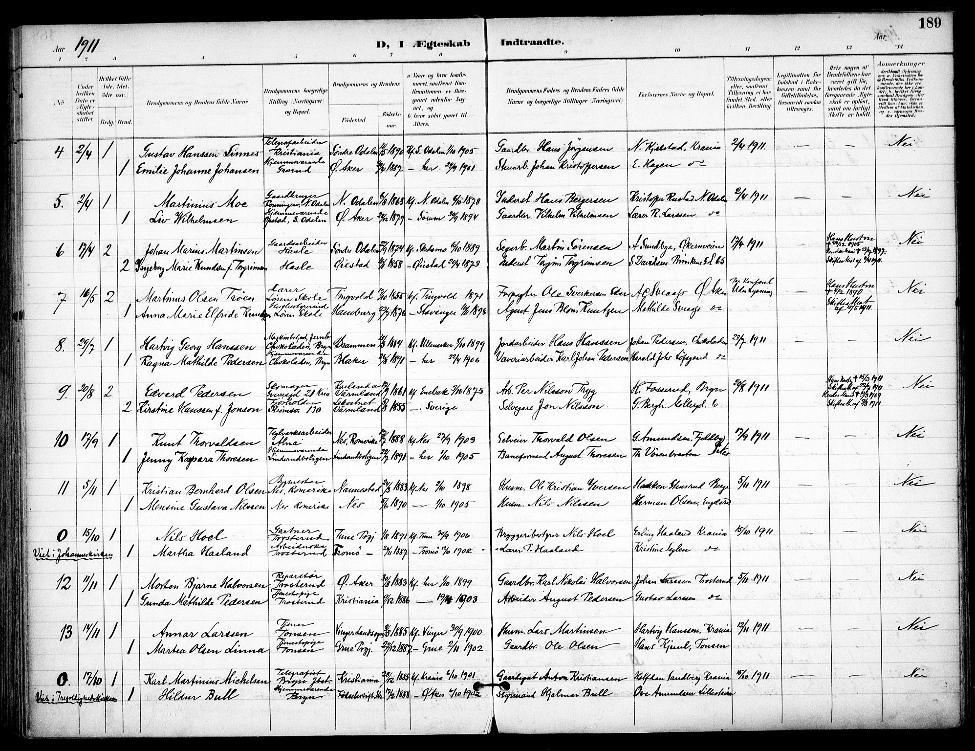Østre Aker prestekontor Kirkebøker, AV/SAO-A-10840/F/Fa/L0011: Ministerialbok nr. I 11, 1895-1917, s. 189