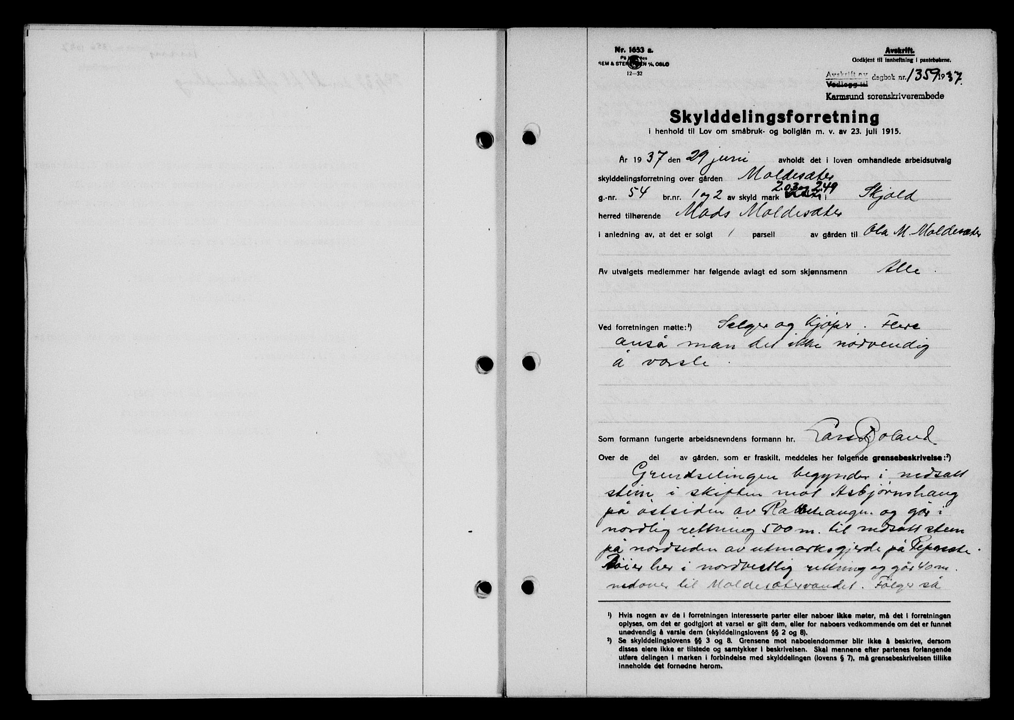 Karmsund sorenskriveri, SAST/A-100311/01/II/IIB/L0068: Pantebok nr. 49A, 1937-1937, Dagboknr: 1359/1937