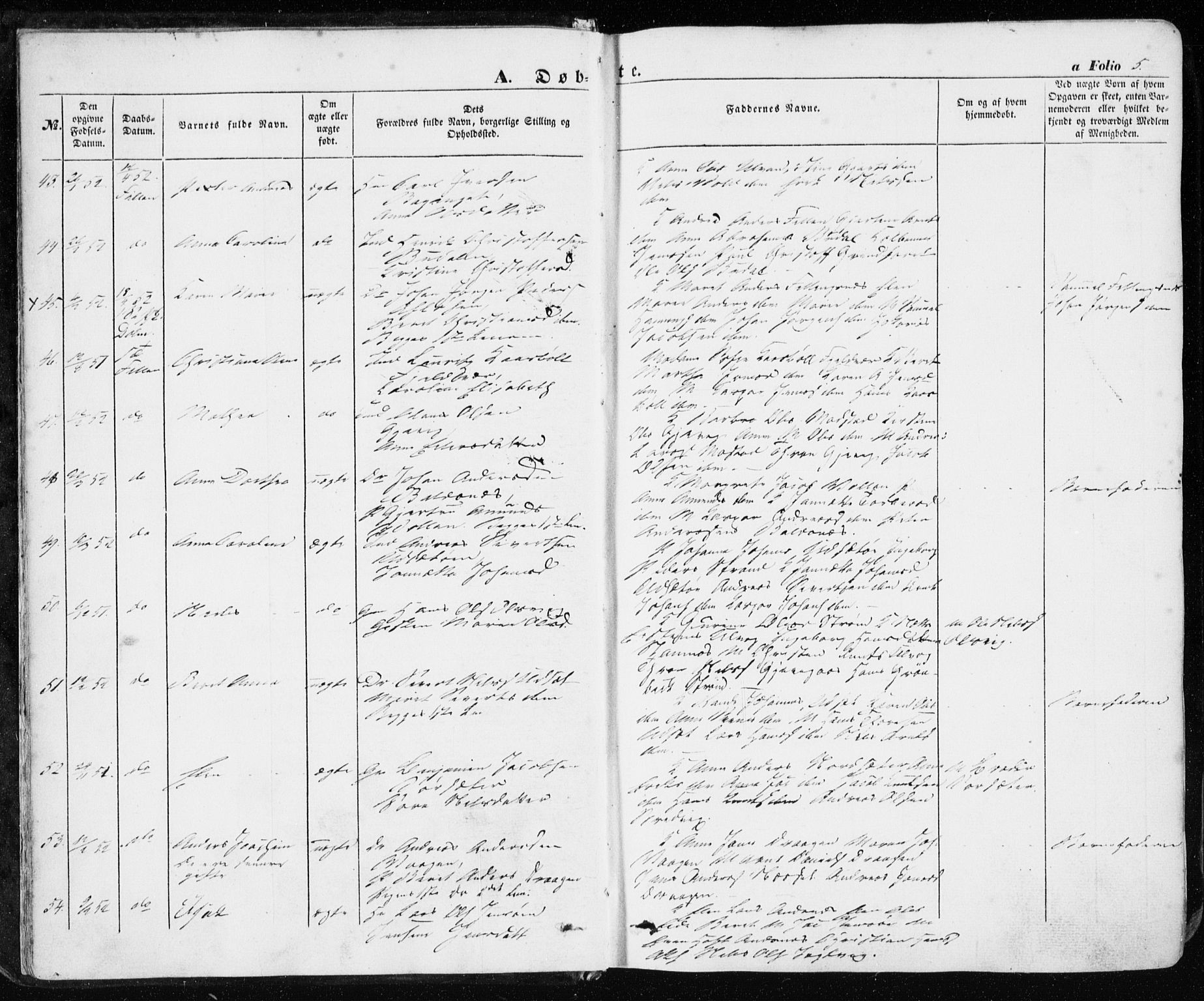 Ministerialprotokoller, klokkerbøker og fødselsregistre - Sør-Trøndelag, SAT/A-1456/634/L0530: Ministerialbok nr. 634A06, 1852-1860, s. 5
