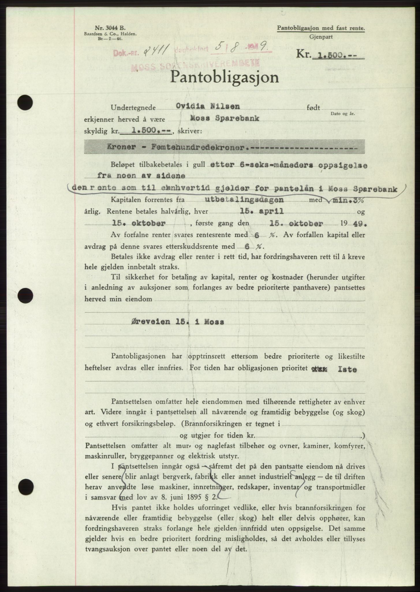 Moss sorenskriveri, SAO/A-10168: Pantebok nr. B22, 1949-1949, Dagboknr: 2411/1949
