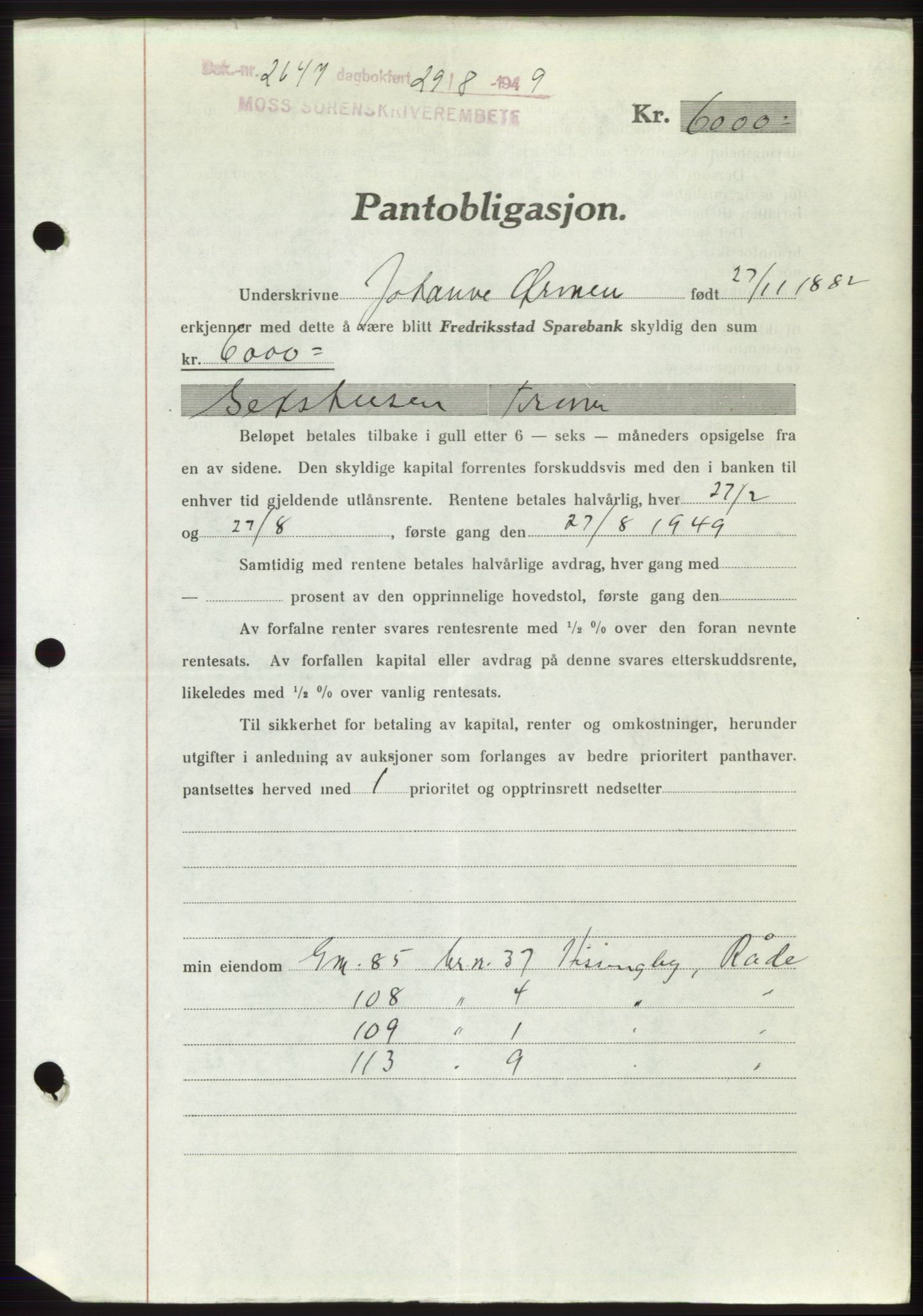 Moss sorenskriveri, SAO/A-10168: Pantebok nr. B22, 1949-1949, Dagboknr: 2647/1949