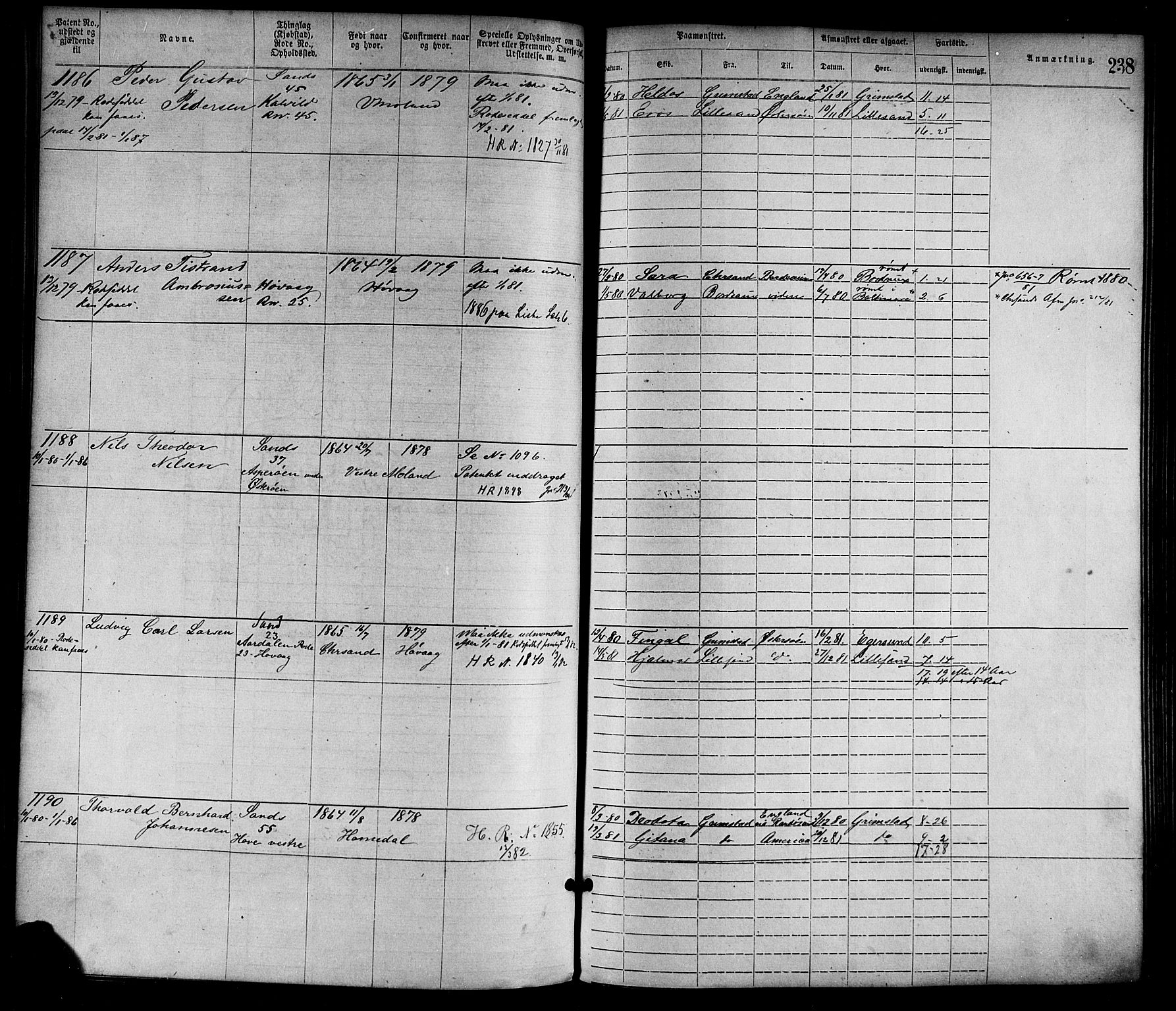 Lillesand mønstringskrets, SAK/2031-0014/F/Fa/L0004: Annotasjonsrulle nr 1-1920 med register, G-1, 1869-1891, s. 264