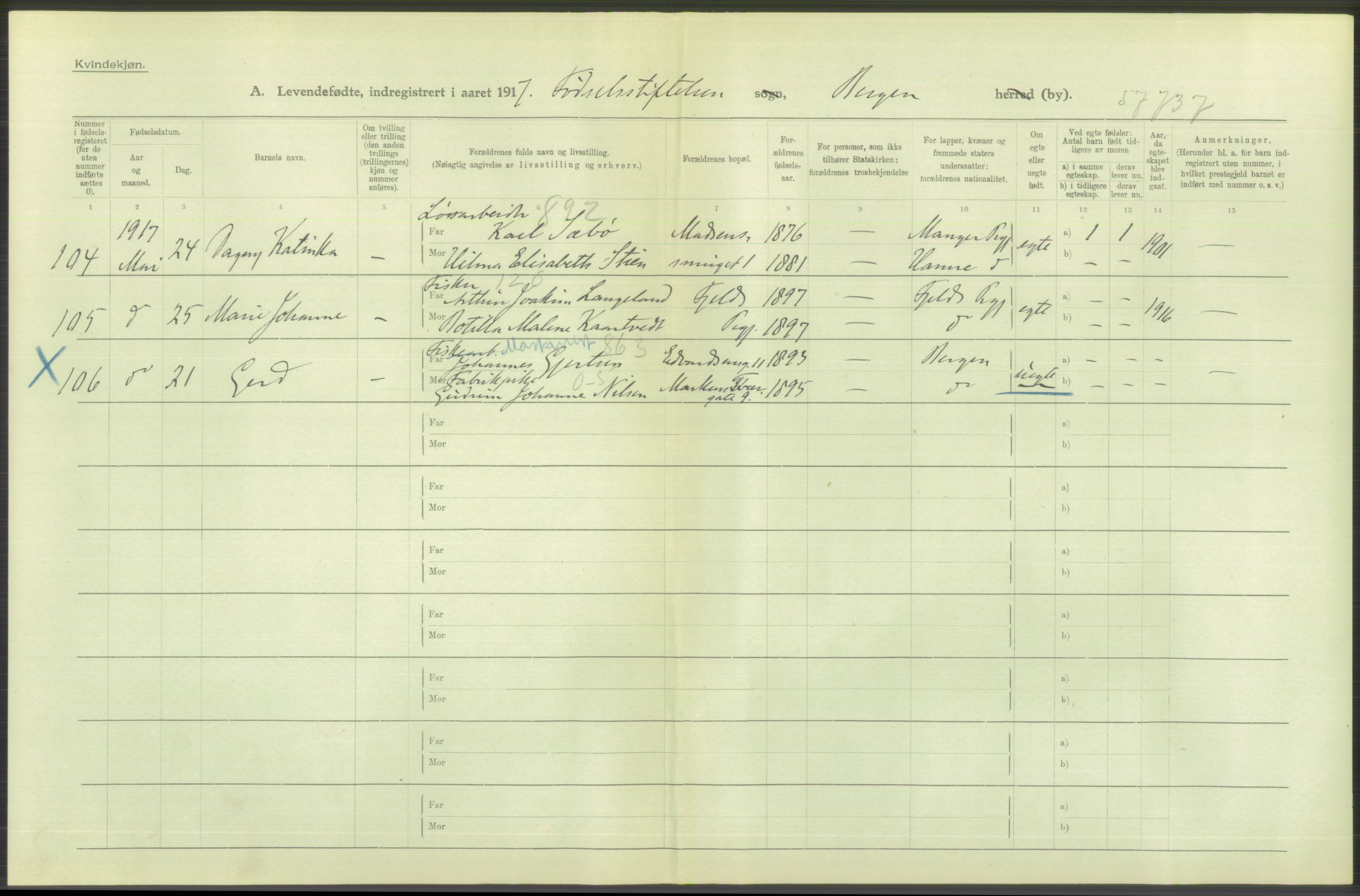 Statistisk sentralbyrå, Sosiodemografiske emner, Befolkning, AV/RA-S-2228/D/Df/Dfb/Dfbg/L0037: Bergen: Levendefødte menn og kvinner., 1917, s. 88