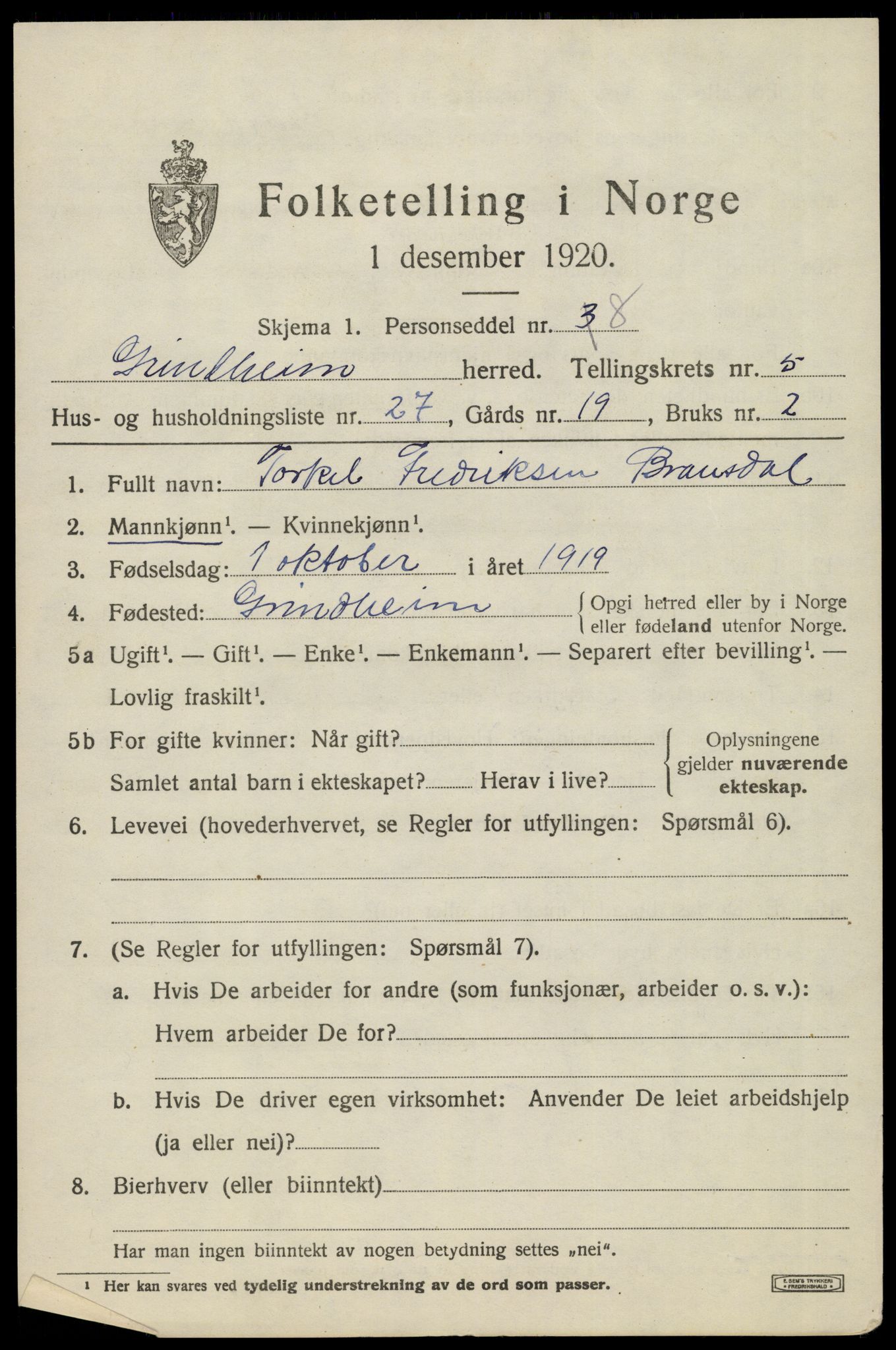 SAK, Folketelling 1920 for 1025 Grindheim herred, 1920, s. 1837