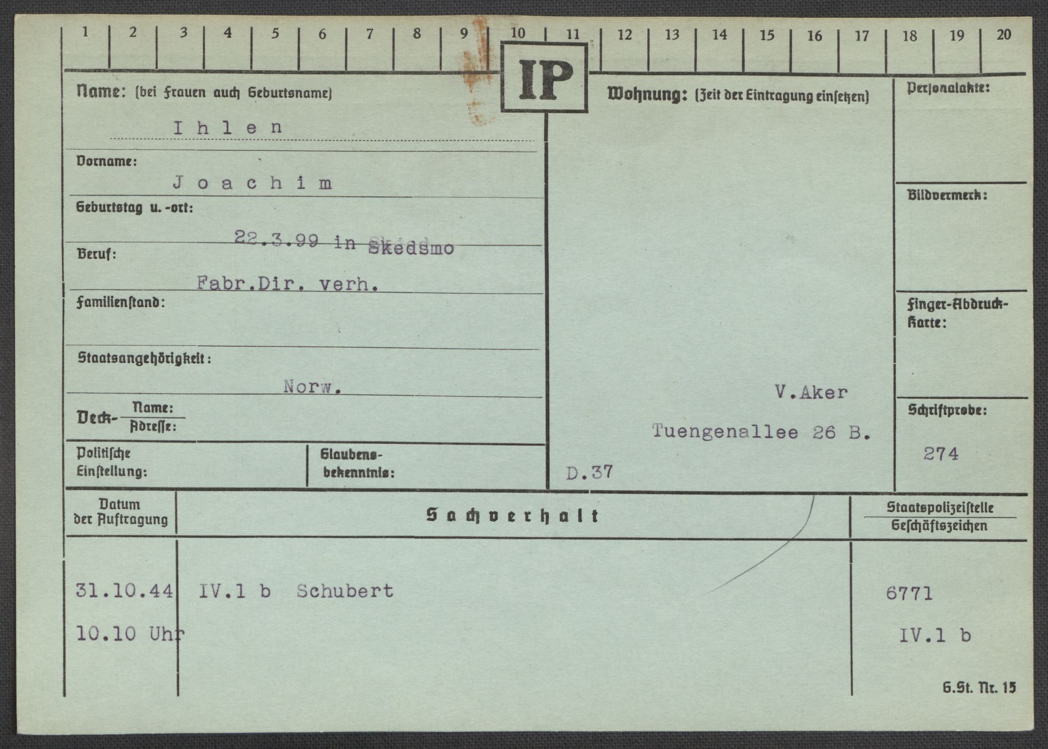 Befehlshaber der Sicherheitspolizei und des SD, RA/RAFA-5969/E/Ea/Eaa/L0005: Register over norske fanger i Møllergata 19: Hø-Kj, 1940-1945, s. 120