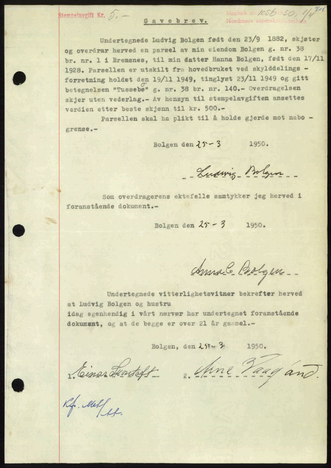 Nordmøre sorenskriveri, SAT/A-4132/1/2/2Ca: Pantebok nr. A114, 1950-1950, Dagboknr: 1056/1950