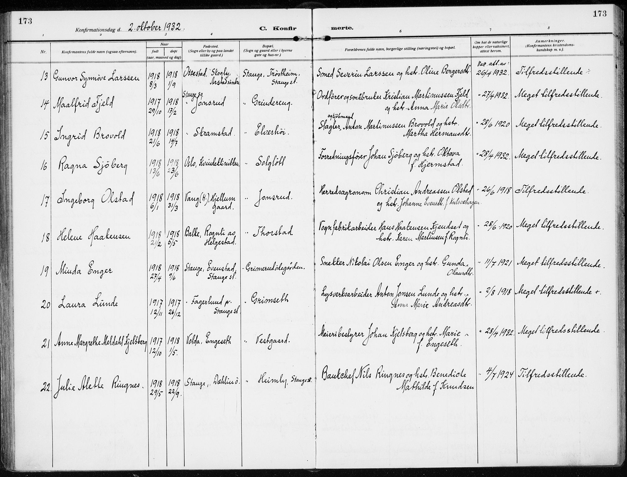 Stange prestekontor, AV/SAH-PREST-002/K/L0026: Ministerialbok nr. 26, 1923-1937, s. 173