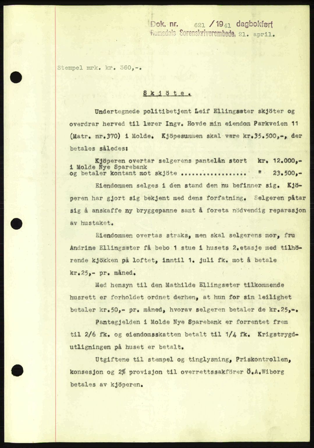 Romsdal sorenskriveri, SAT/A-4149/1/2/2C: Pantebok nr. A9, 1940-1941, Dagboknr: 621/1941