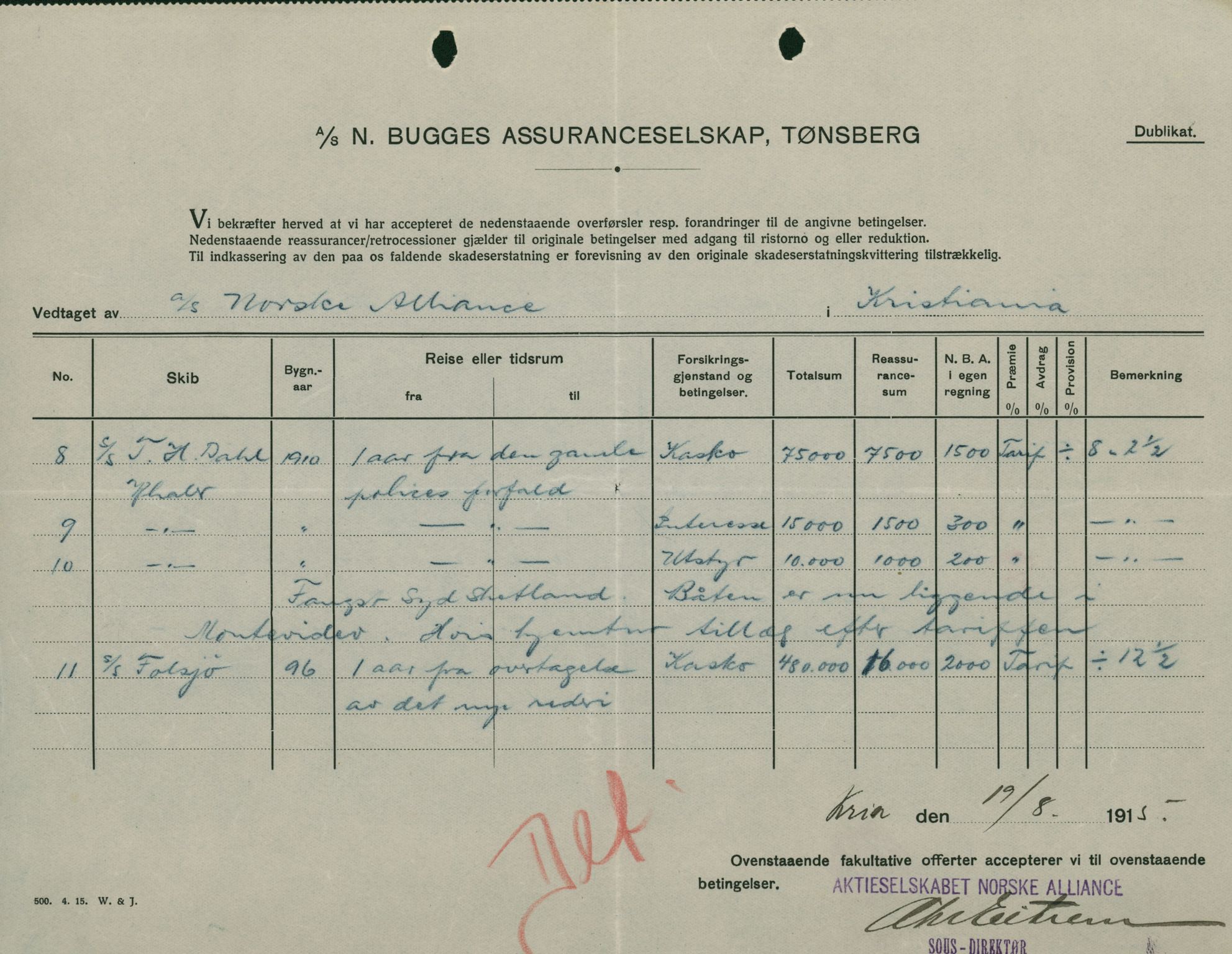 Pa 664 - Tønsberg Sjøforsikringsselskap, VEMU/A-1773/F/L0001: Forsikringspoliser, 1915-1918