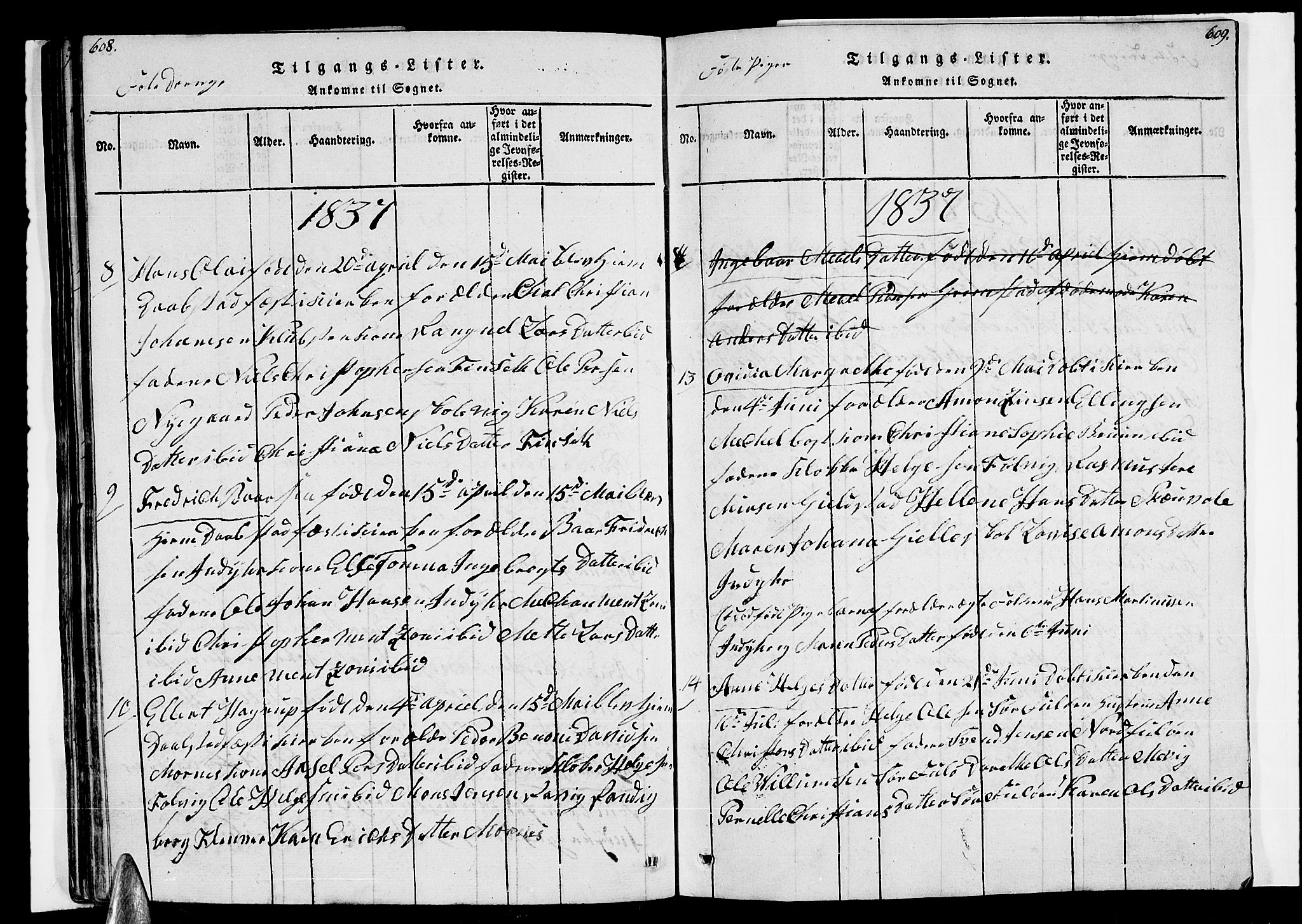 Ministerialprotokoller, klokkerbøker og fødselsregistre - Nordland, AV/SAT-A-1459/805/L0105: Klokkerbok nr. 805C01, 1820-1839, s. 608-609