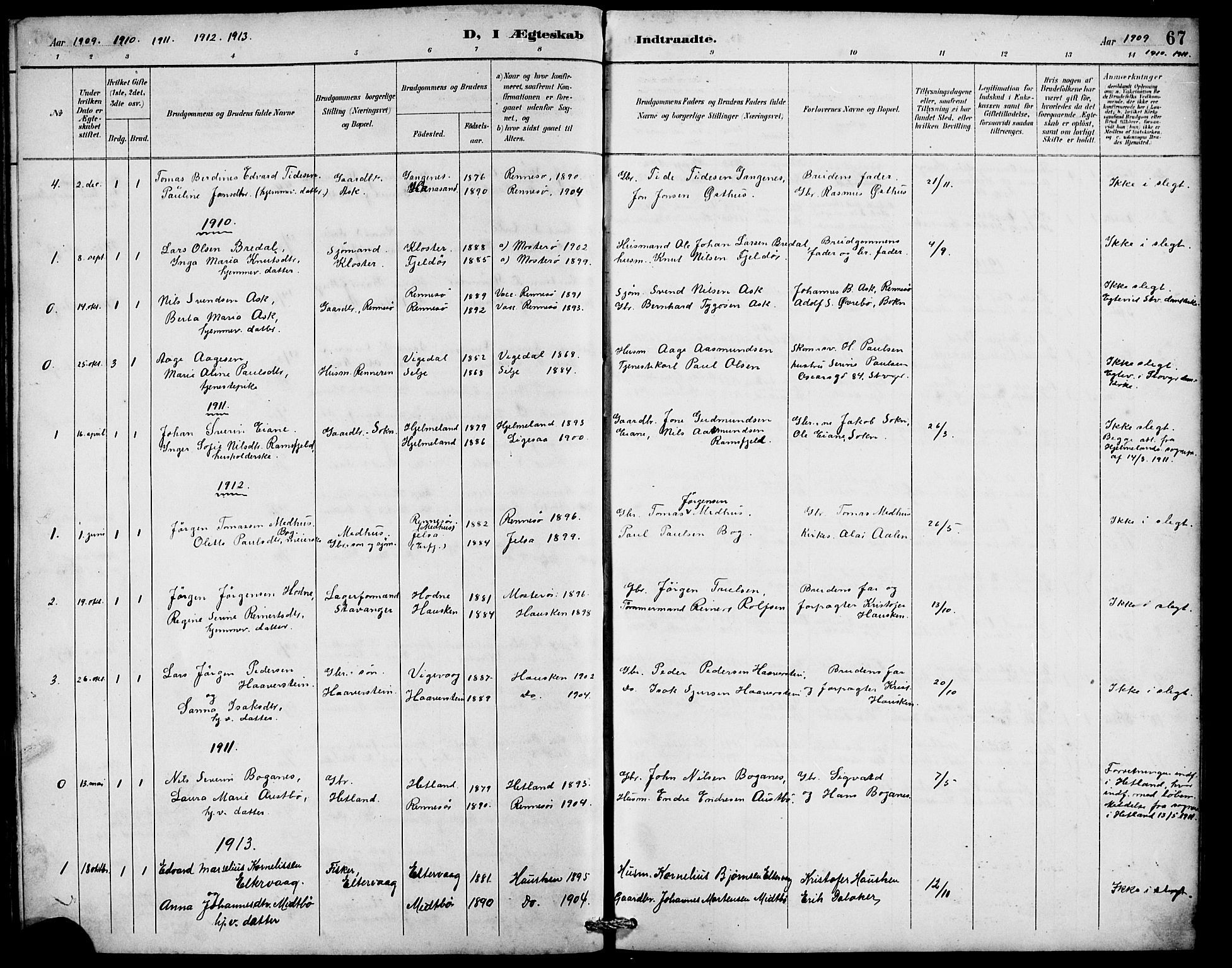 Rennesøy sokneprestkontor, AV/SAST-A -101827/H/Ha/Hab/L0010: Klokkerbok nr. B 9, 1890-1918, s. 67