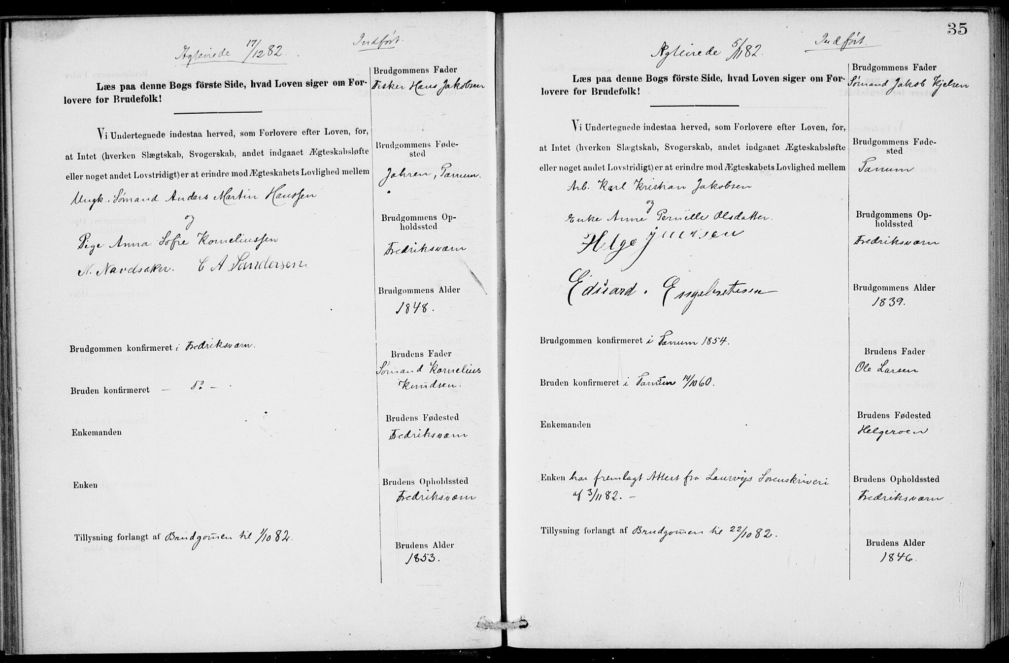Stavern kirkebøker, AV/SAKO-A-318/H/Ha/L0001: Lysningsprotokoll nr. 1, 1875-1918, s. 35