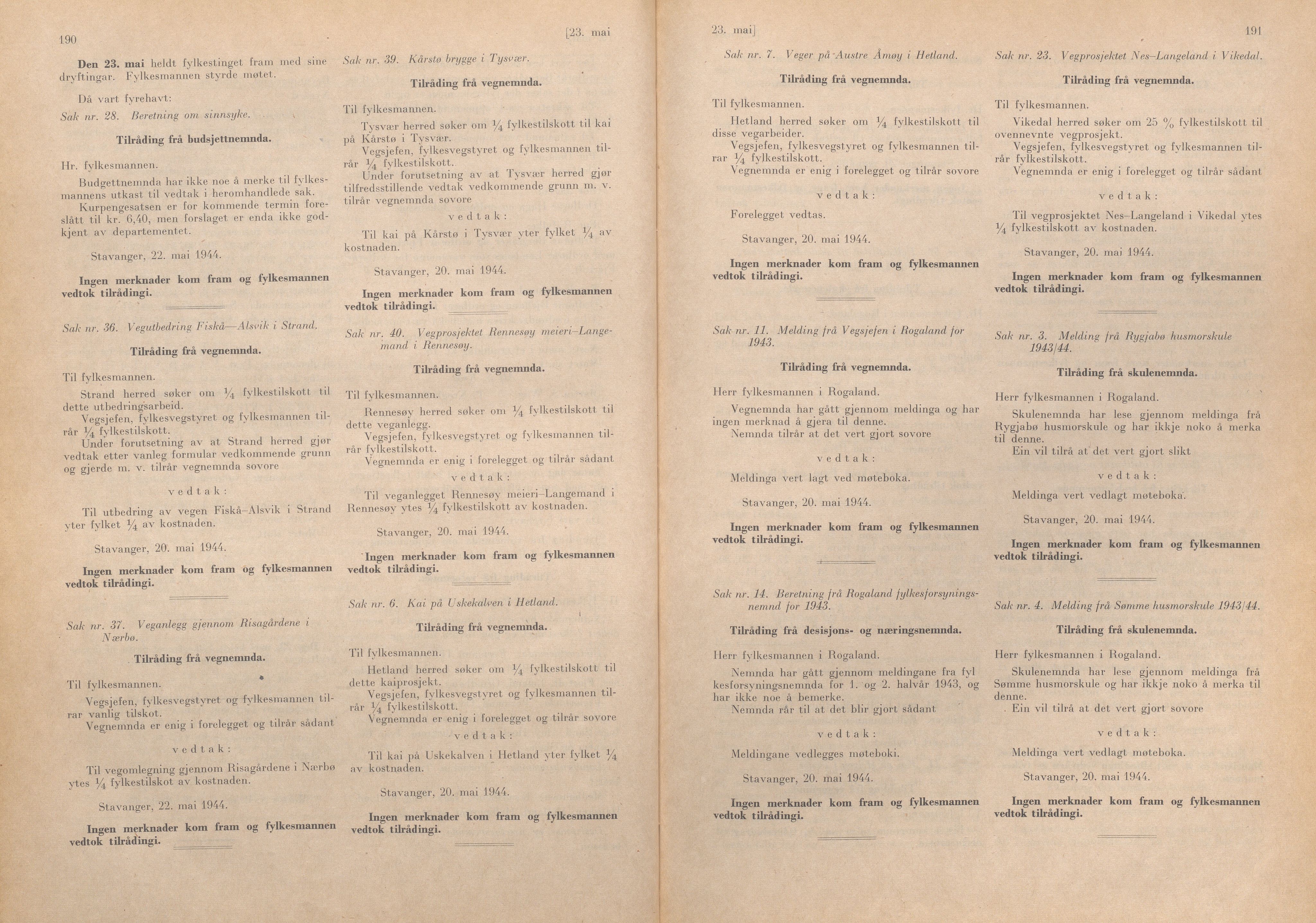 Rogaland fylkeskommune - Fylkesrådmannen , IKAR/A-900/A/Aa/Aaa/L0063: Møtebok , 1944, s. 190-191