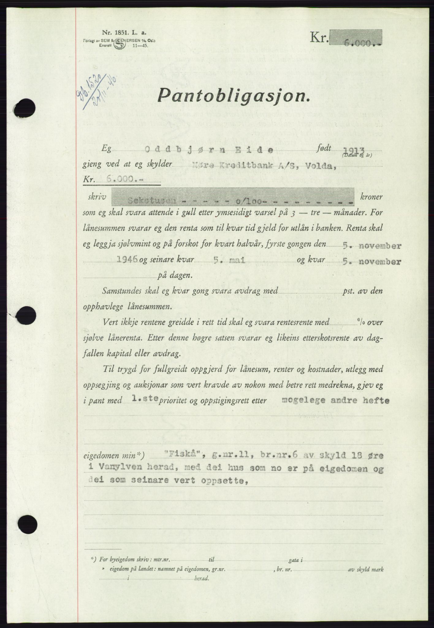 Søre Sunnmøre sorenskriveri, AV/SAT-A-4122/1/2/2C/L0114: Pantebok nr. 1-2B, 1943-1947, Dagboknr: 1520/1946