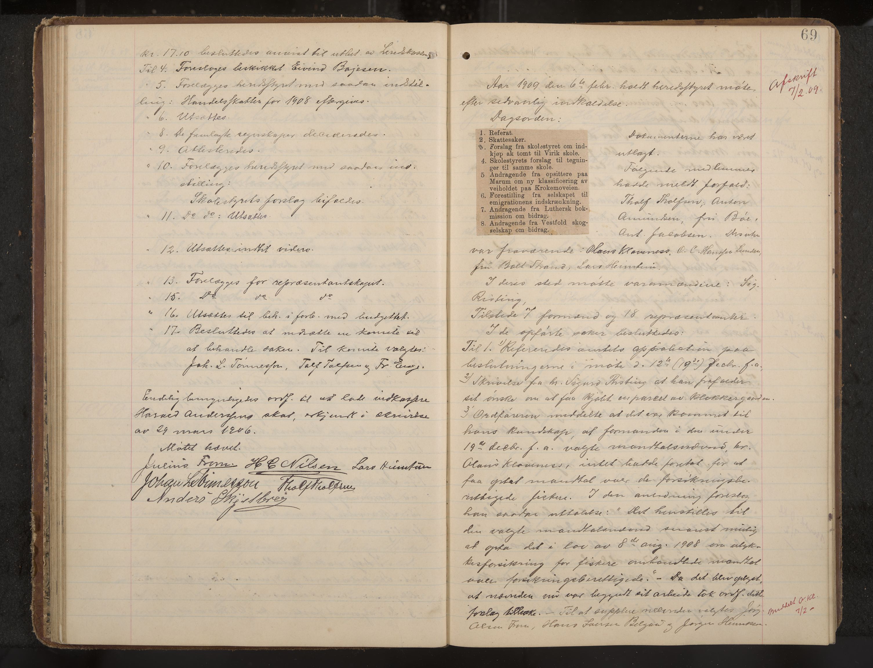Sandar formannskap og sentraladministrasjon, IKAK/0724021/A/Aa/L0004: Møtebok med register, 1907-1914, s. 69