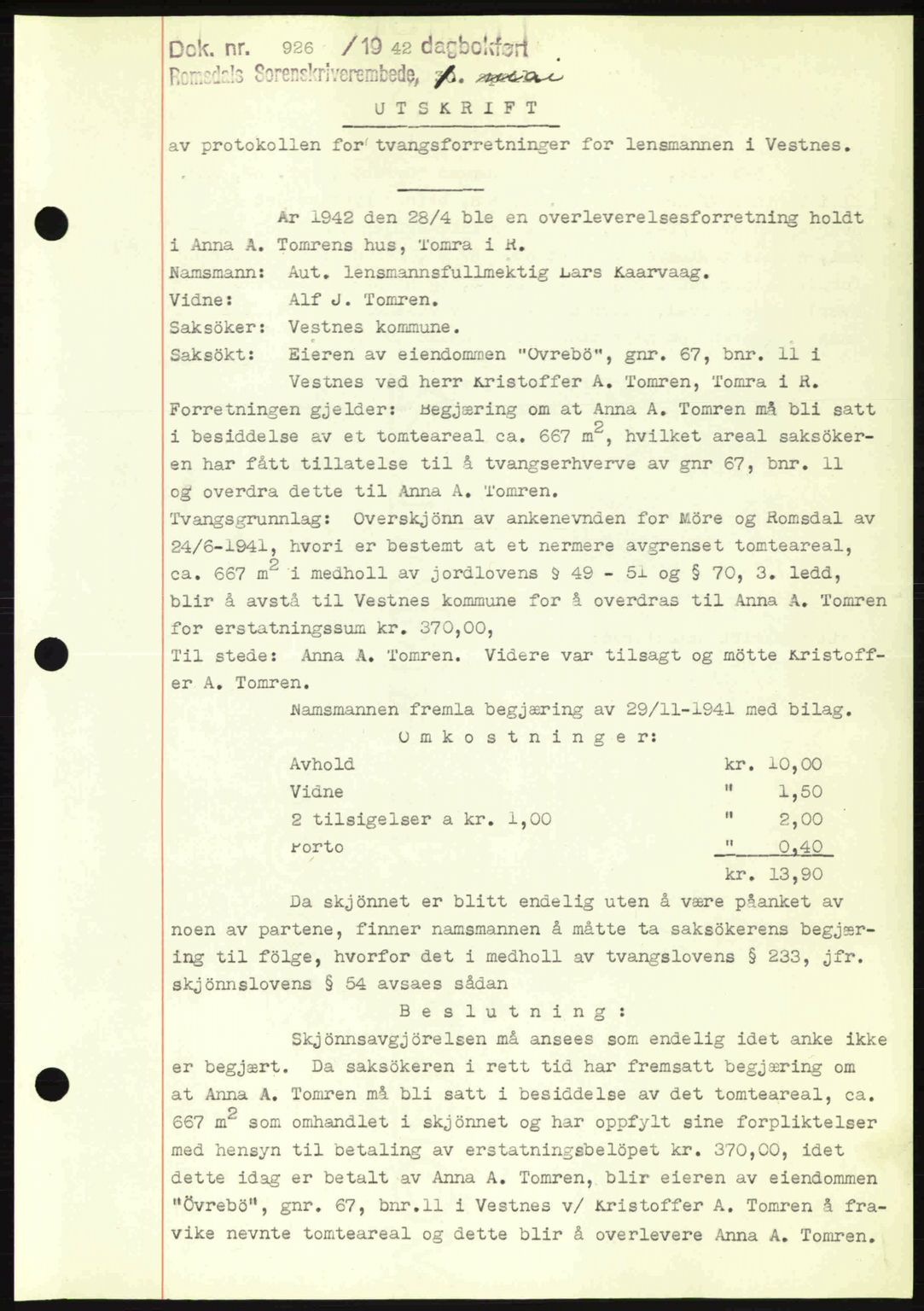 Romsdal sorenskriveri, SAT/A-4149/1/2/2C: Pantebok nr. A12, 1942-1942, Dagboknr: 926/1942