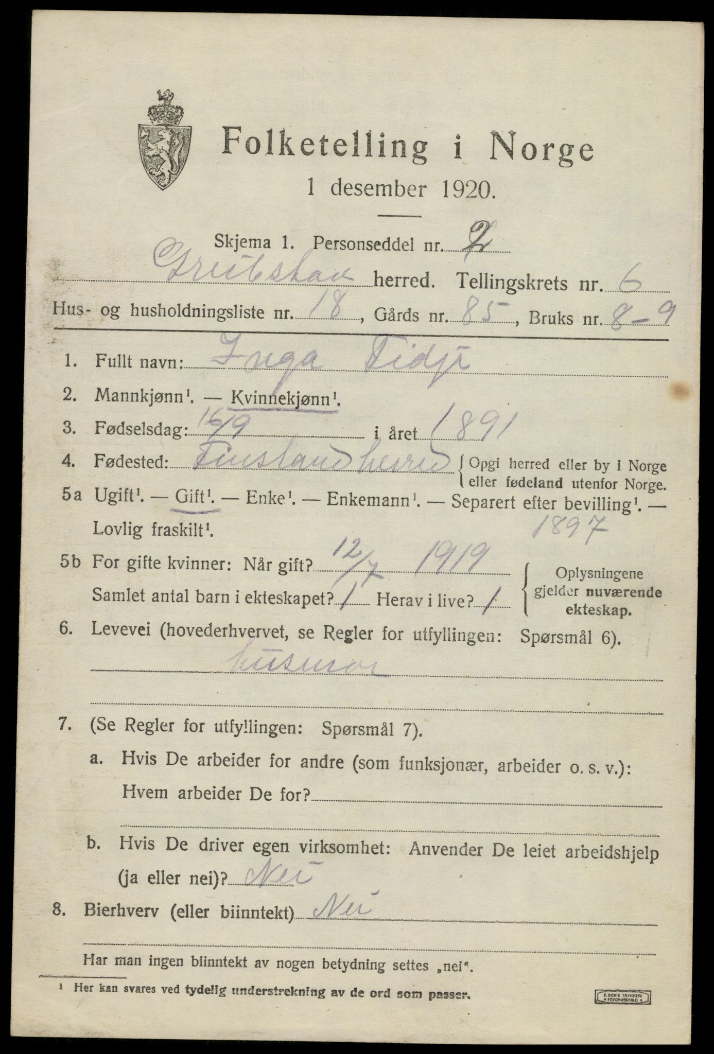 SAK, Folketelling 1920 for 1017 Greipstad herred, 1920, s. 2090