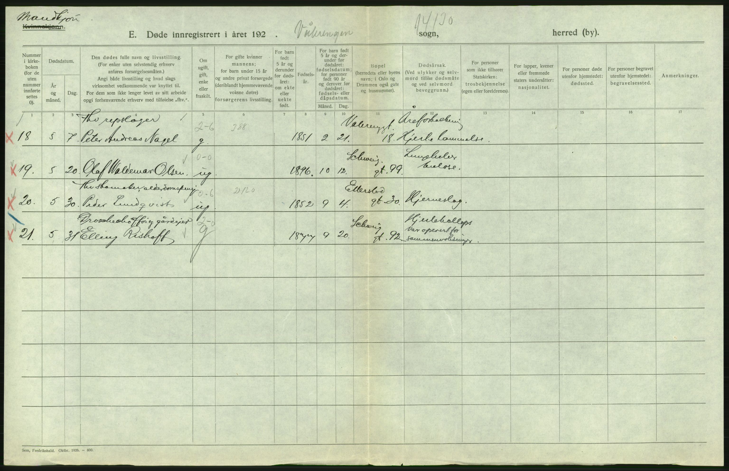 Statistisk sentralbyrå, Sosiodemografiske emner, Befolkning, AV/RA-S-2228/D/Df/Dfc/Dfcg/L0009: Oslo: Døde menn, 1927, s. 506