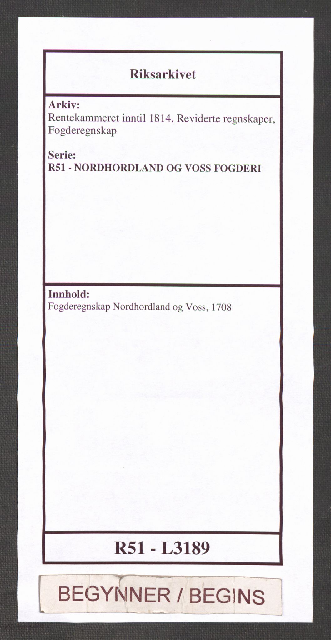 Rentekammeret inntil 1814, Reviderte regnskaper, Fogderegnskap, RA/EA-4092/R51/L3189: Fogderegnskap Nordhordland og Voss, 1708, s. 1