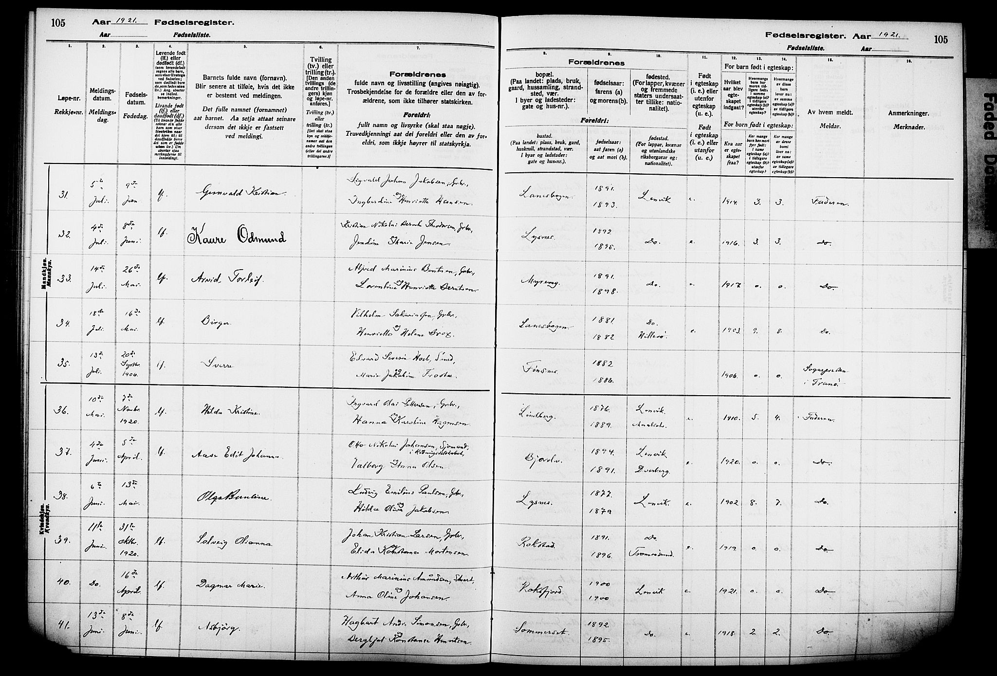 Lenvik sokneprestembete, AV/SATØ-S-1310/I/Ic/L0089: Fødselsregister nr. 89, 1916-1926, s. 105