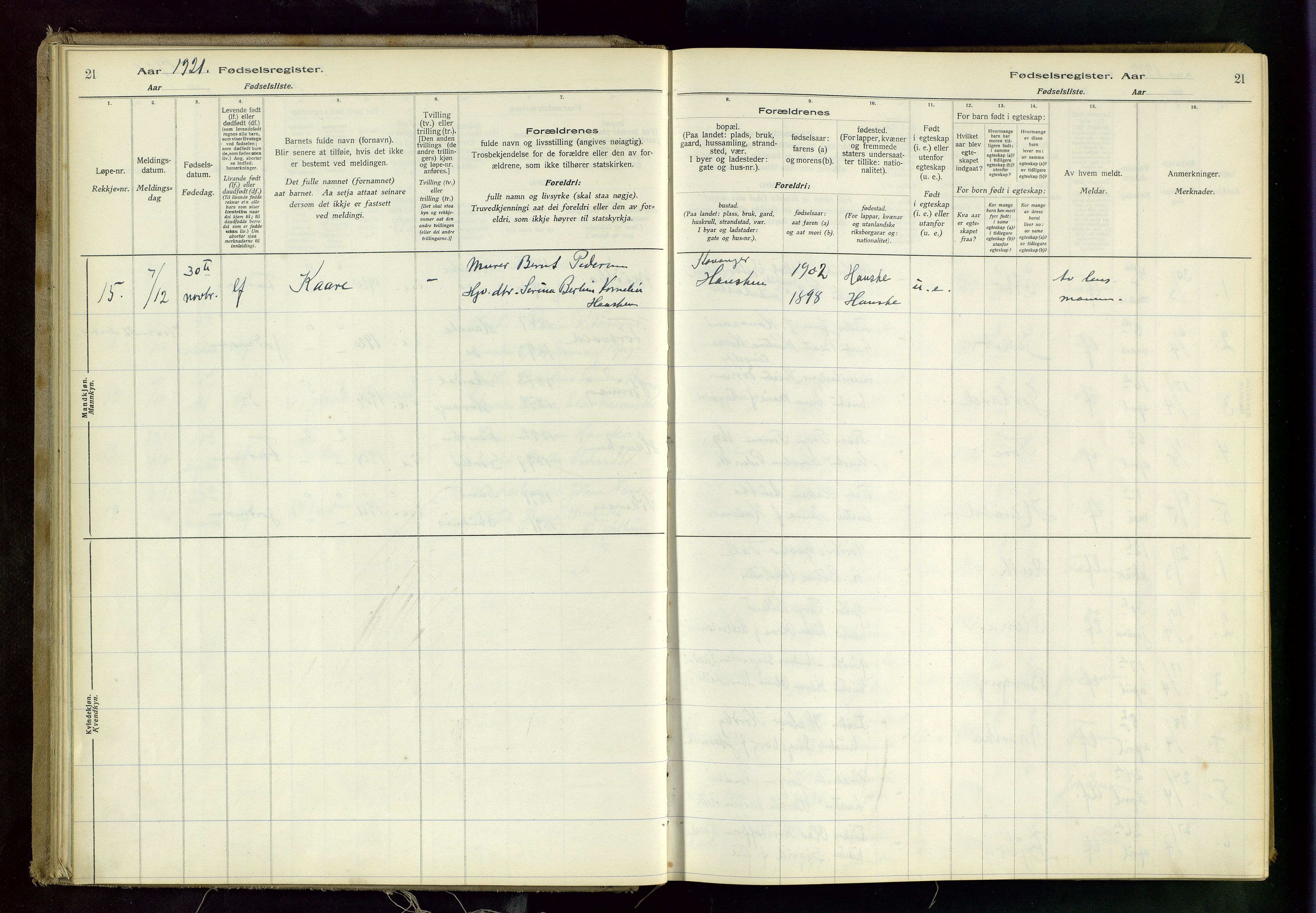 Rennesøy sokneprestkontor, AV/SAST-A -101827/I/Id/L0001: Fødselsregister nr. 1, 1916-1982, s. 21