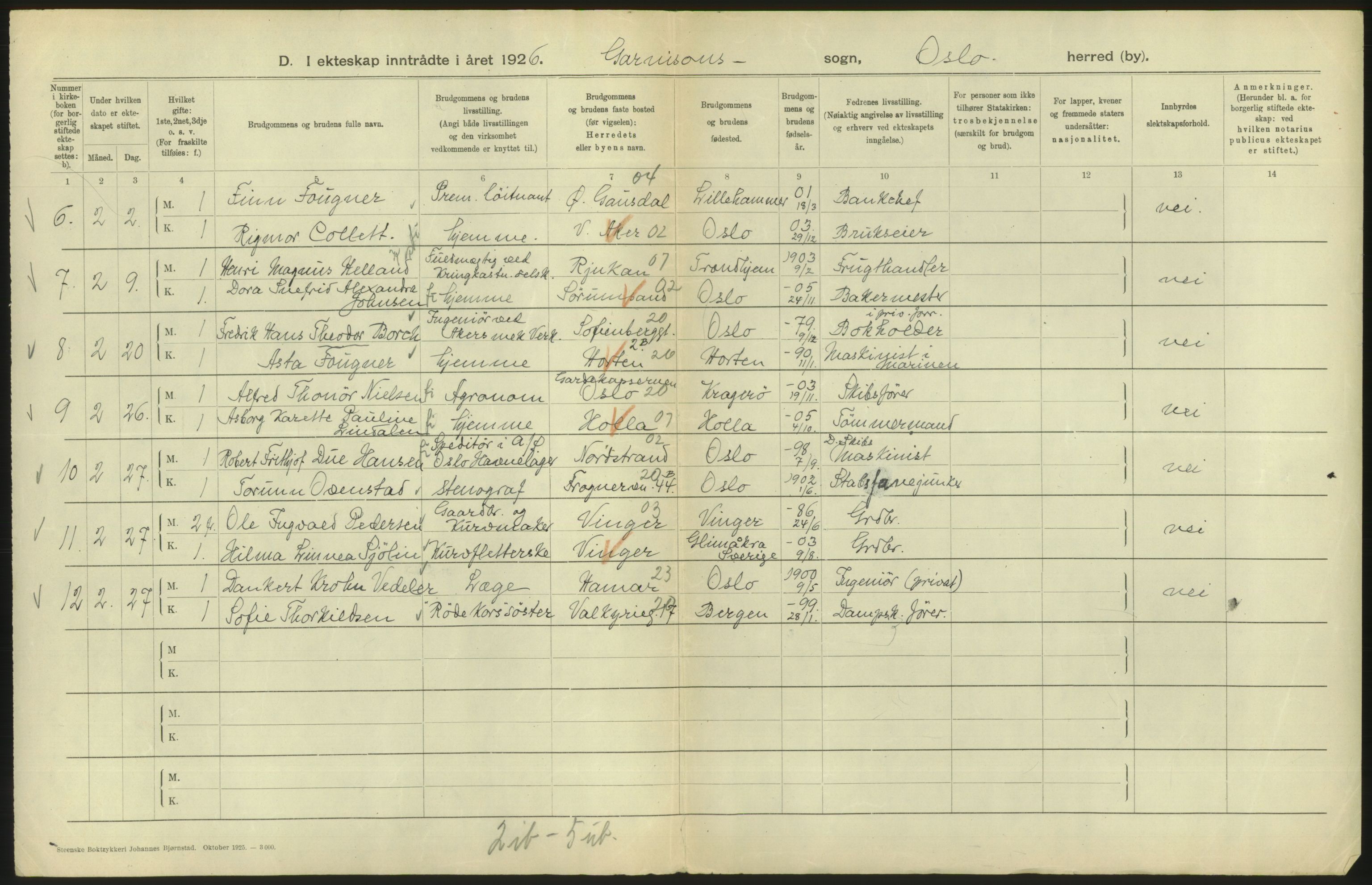 Statistisk sentralbyrå, Sosiodemografiske emner, Befolkning, AV/RA-S-2228/D/Df/Dfc/Dfcf/L0008: Oslo: Gifte, 1926, s. 674