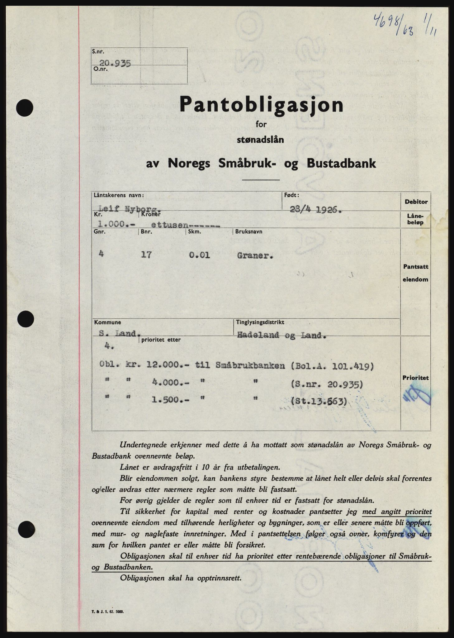 Hadeland og Land tingrett, SAH/TING-010/H/Hb/Hbc/L0053: Pantebok nr. B53, 1963-1964, Dagboknr: 4698/1963