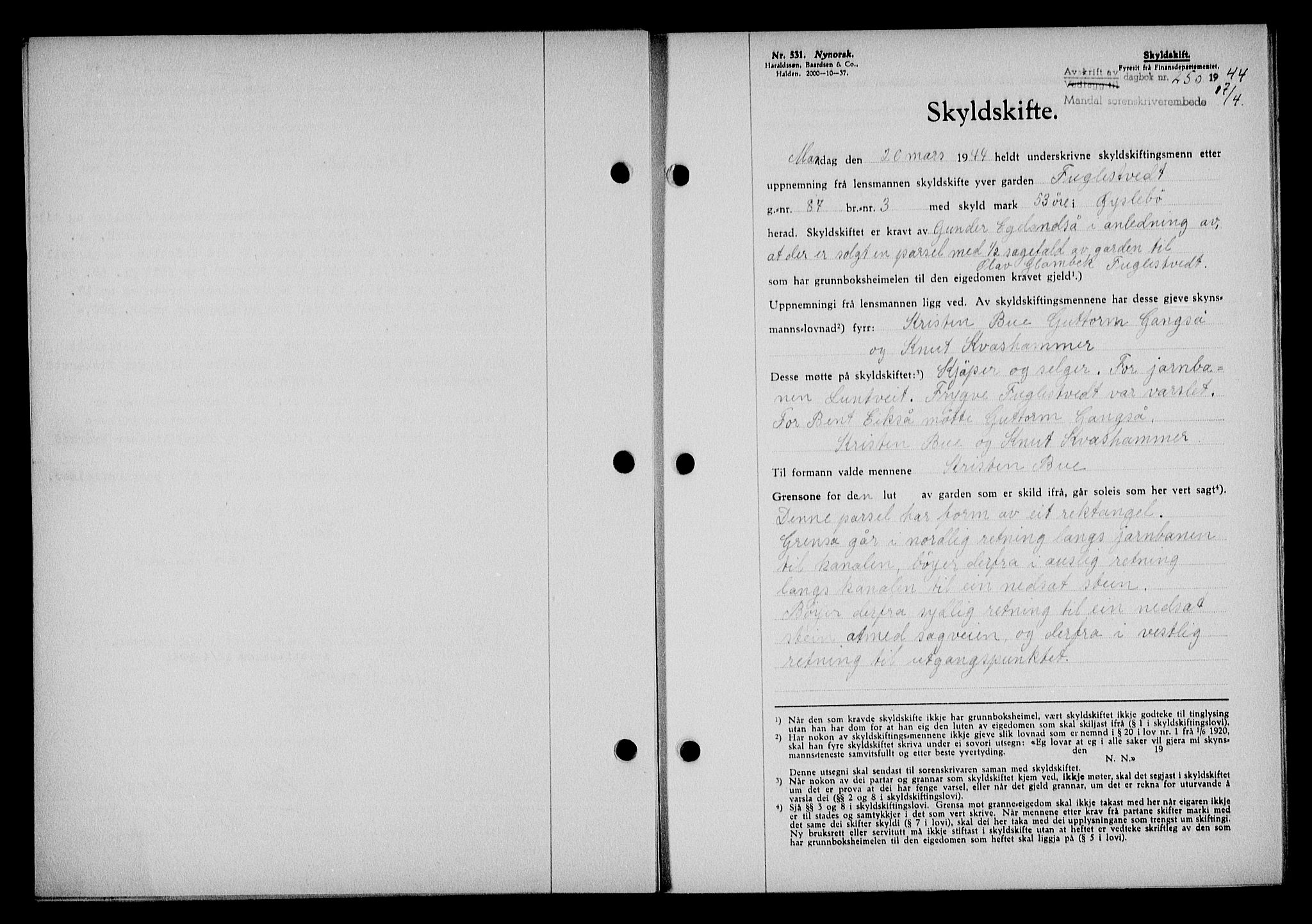 Mandal sorenskriveri, SAK/1221-0005/001/G/Gb/Gba/L0075: Pantebok nr. A-12, 1943-1944, Dagboknr: 250/1944