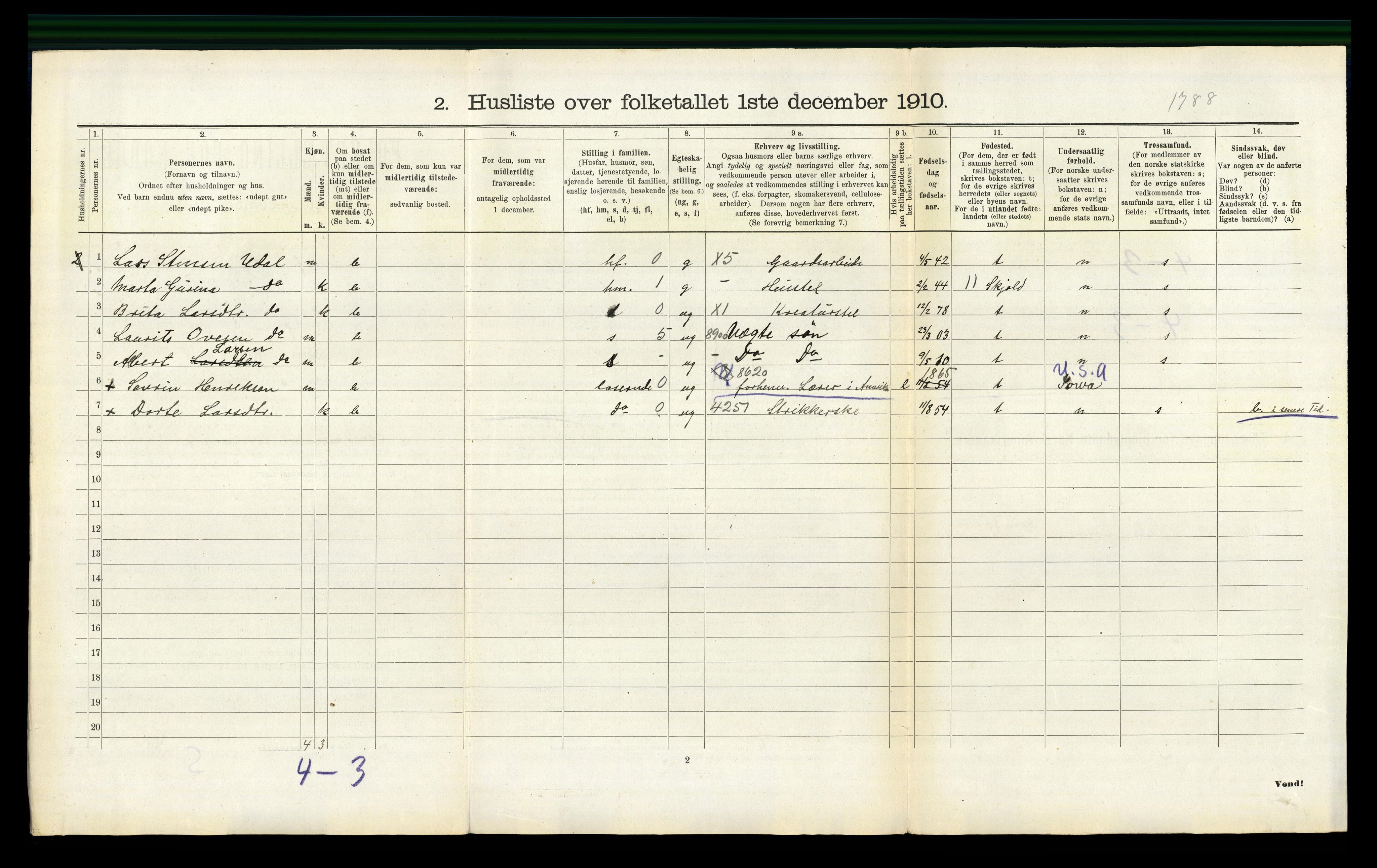 RA, Folketelling 1910 for 1155 Vats herred, 1910, s. 293