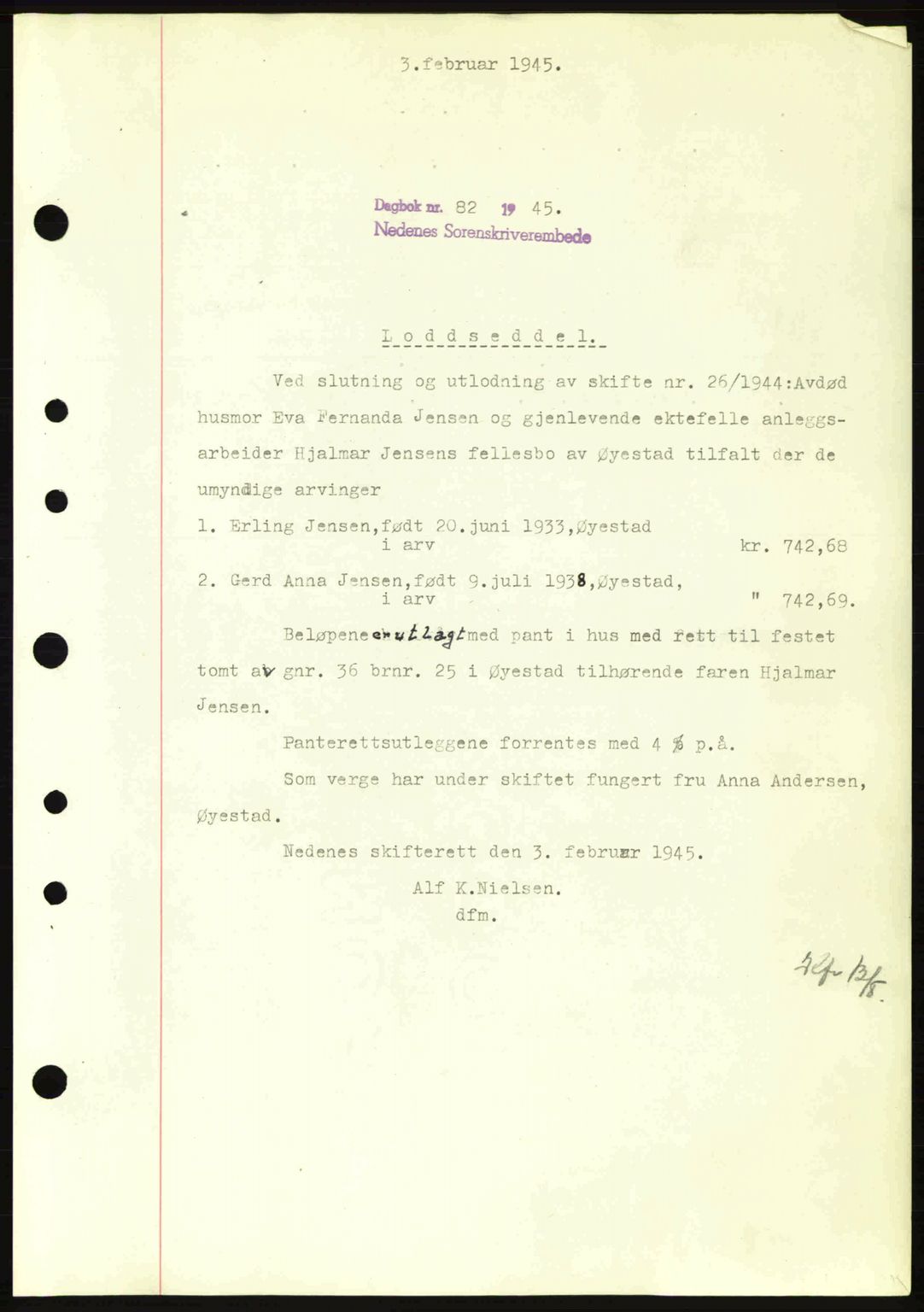 Nedenes sorenskriveri, SAK/1221-0006/G/Gb/Gba/L0052: Pantebok nr. A6a, 1944-1945, Dagboknr: 82/1945
