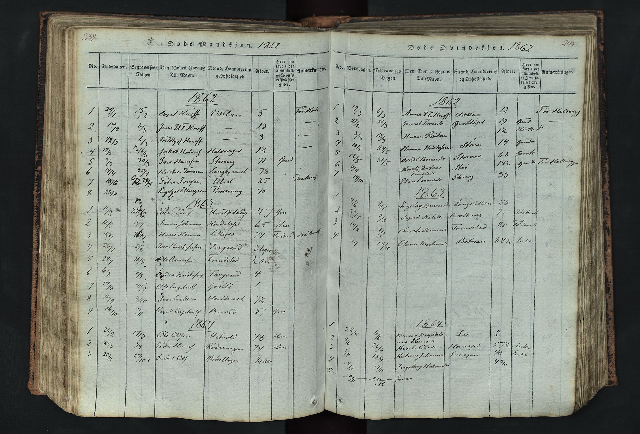 Kvikne prestekontor, AV/SAH-PREST-064/H/Ha/Hab/L0001: Klokkerbok nr. 1, 1815-1895, s. 239-240