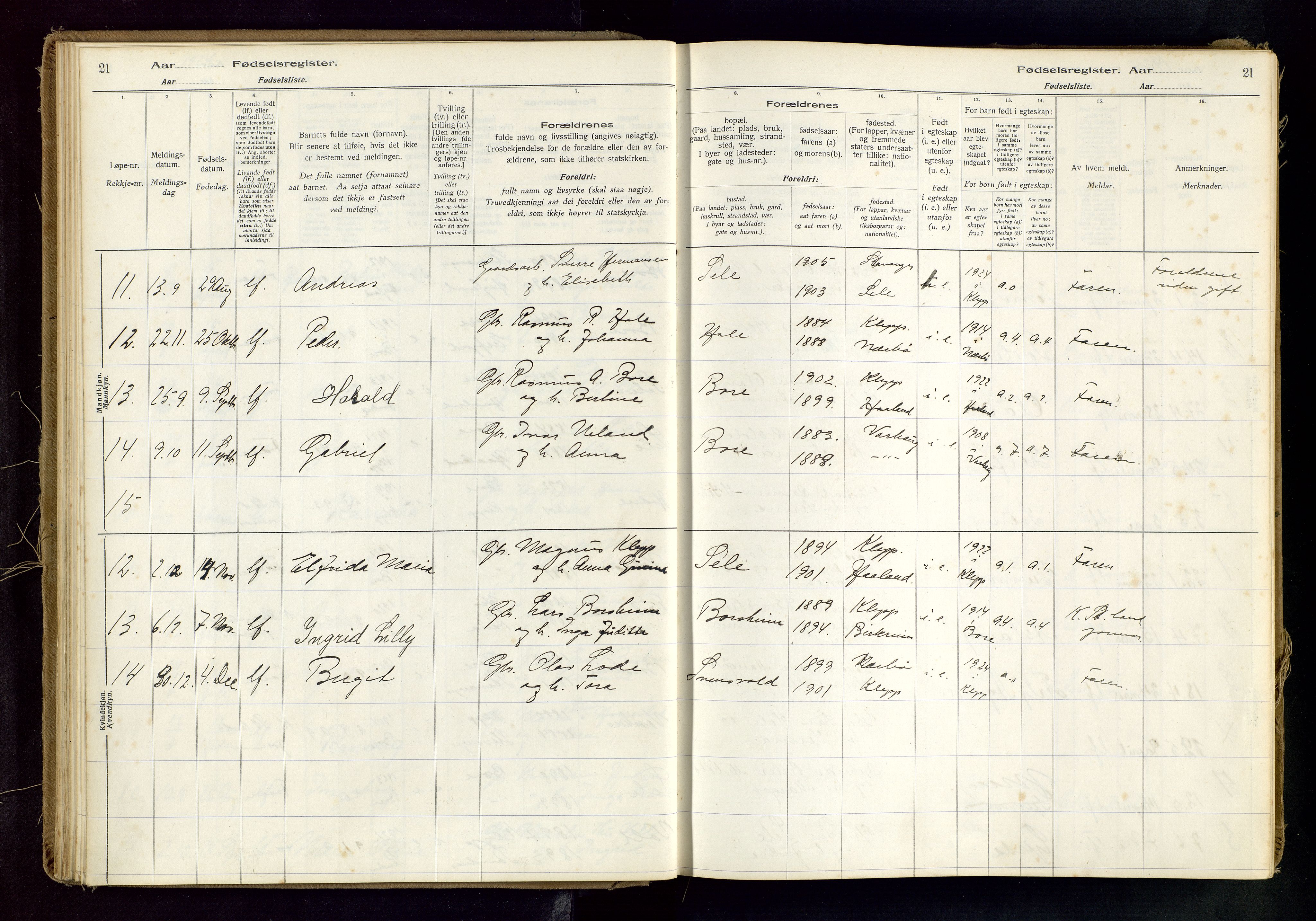 Klepp sokneprestkontor, AV/SAST-A-101803/001/704BAB/L0001: Fødselsregister nr. 1, 1916-1976, s. 21