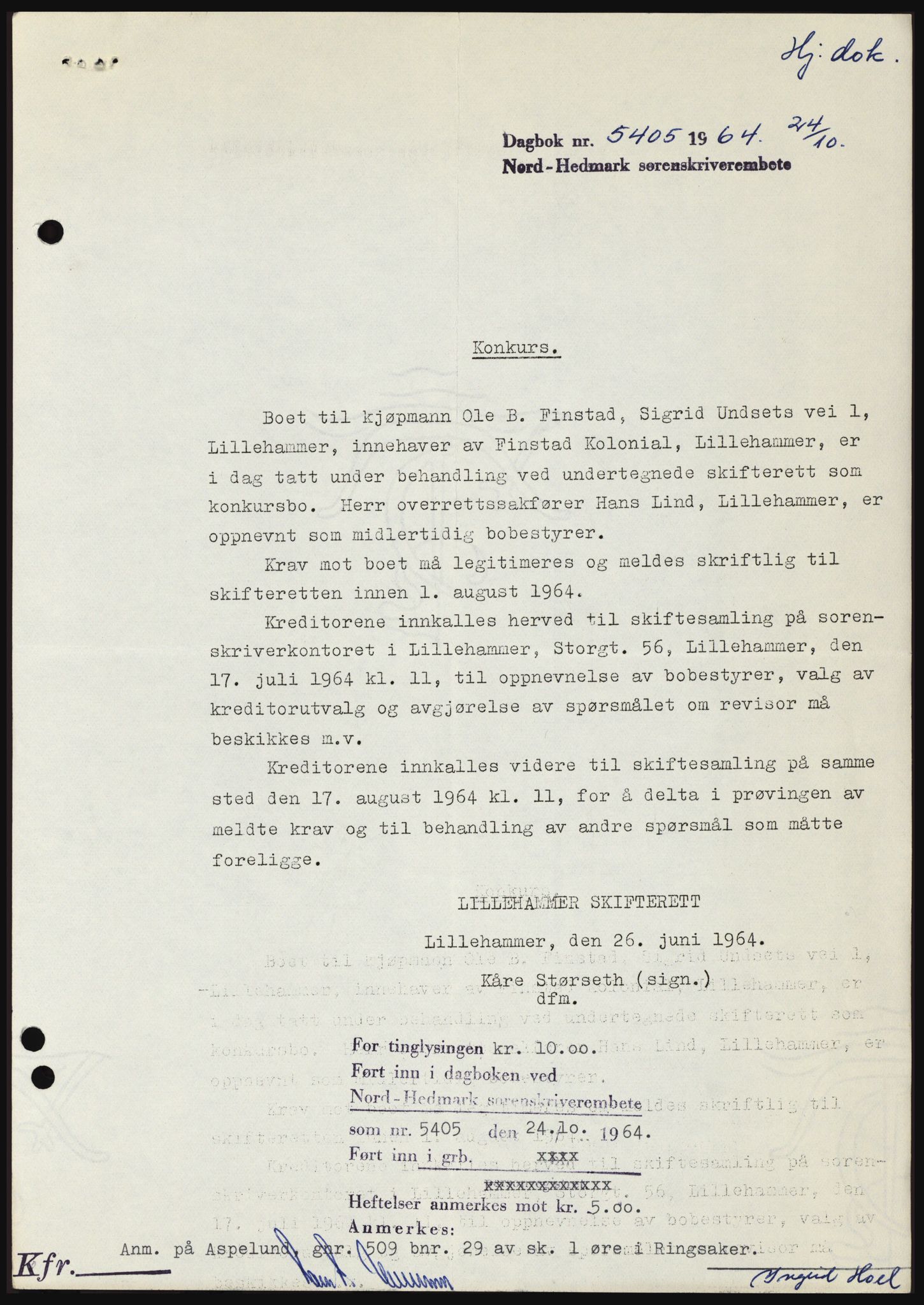 Nord-Hedmark sorenskriveri, SAH/TING-012/H/Hc/L0020: Pantebok nr. 20, 1964-1964, Dagboknr: 5405/1964