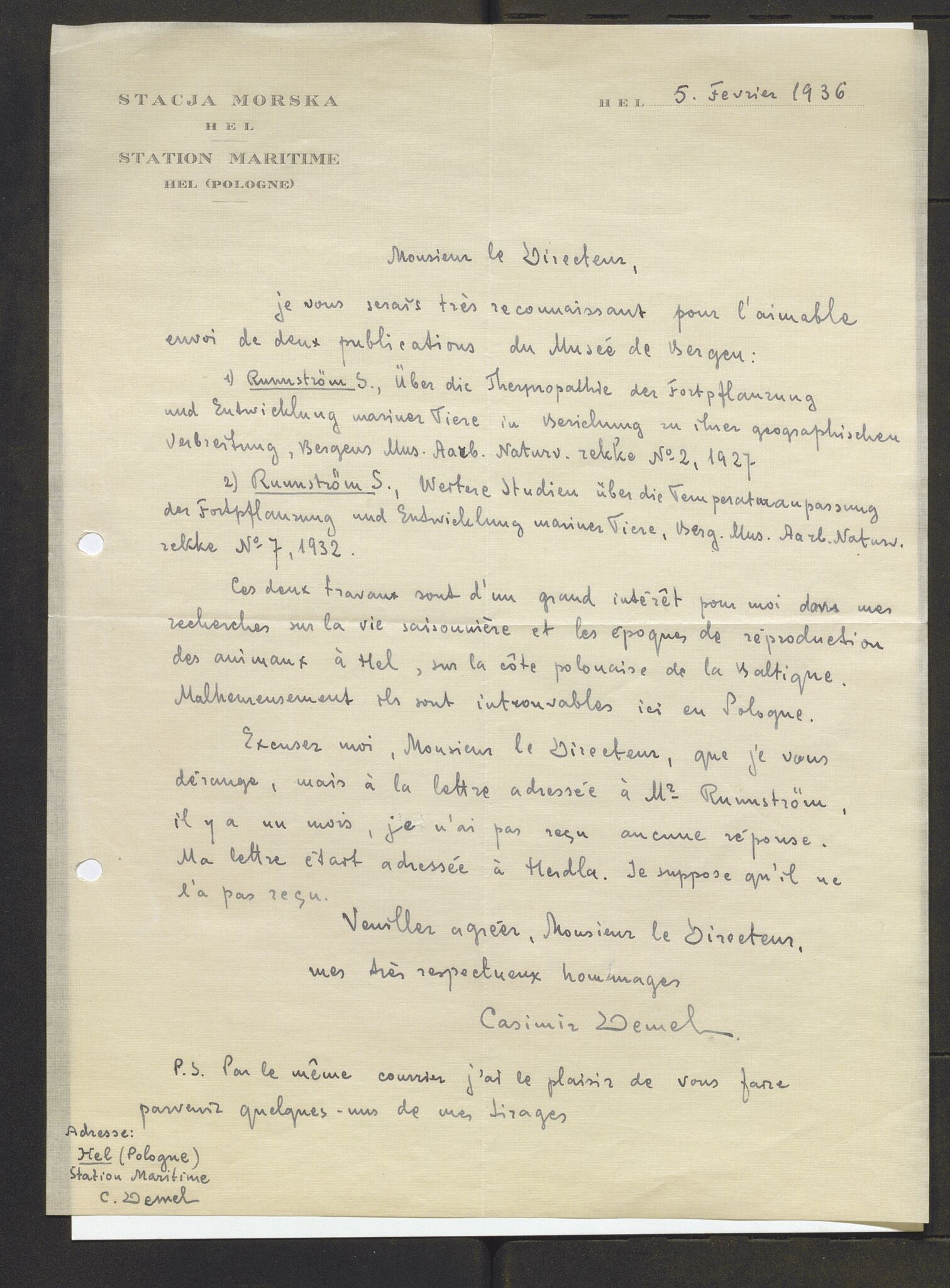 Bergens Museum, AV/SAB-A-17301/13/D/L0002: Korrespondanse , 1928-1940, s. 405